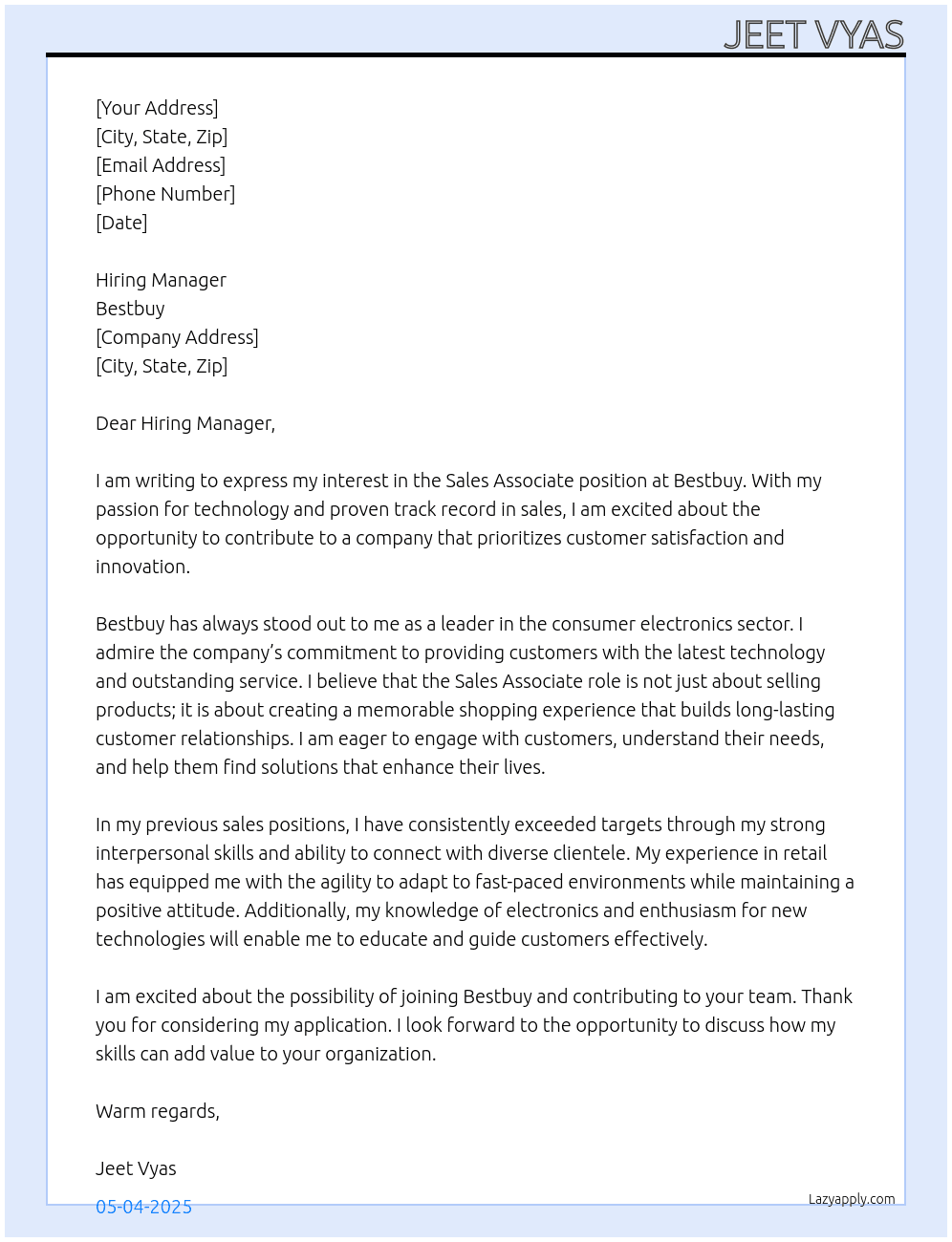 Sales Associate At Bestbuy Cover Letter