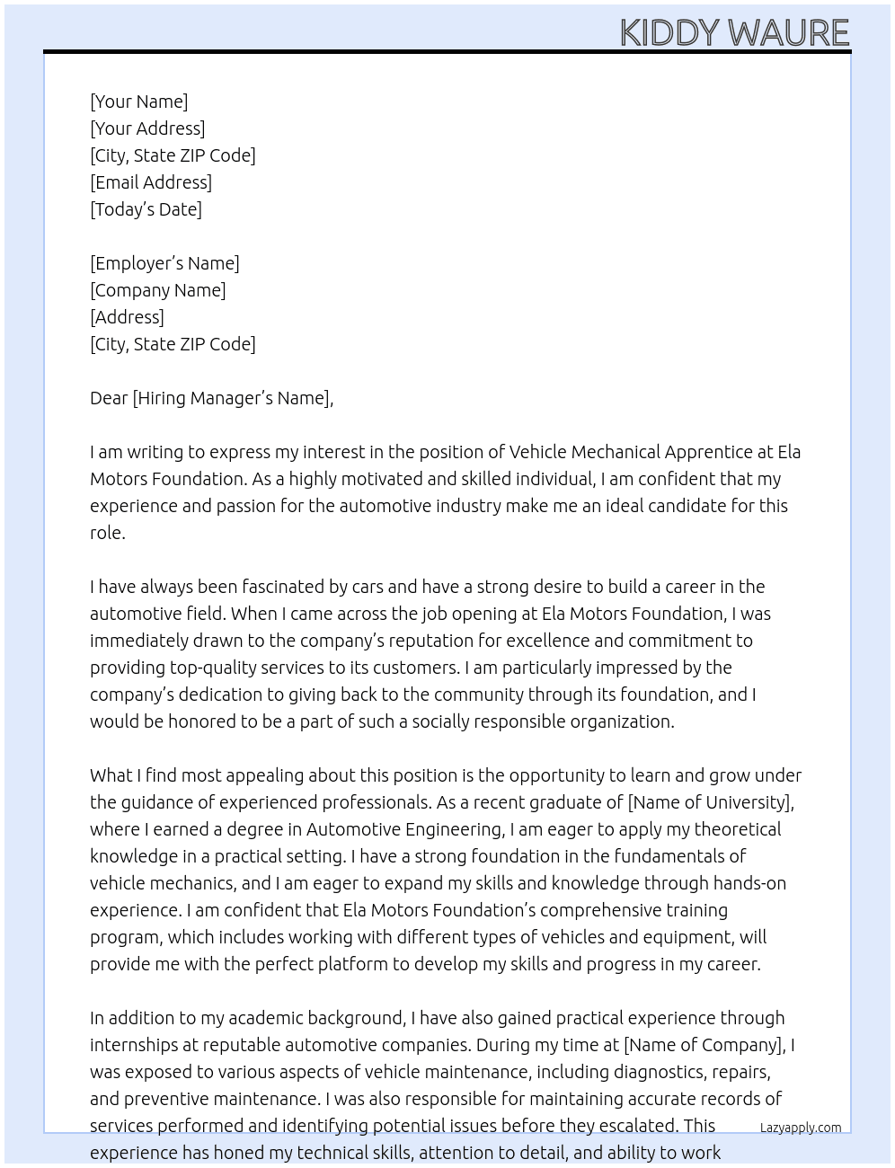 Cover letter for vehicle machanical aprentice - LazyApply