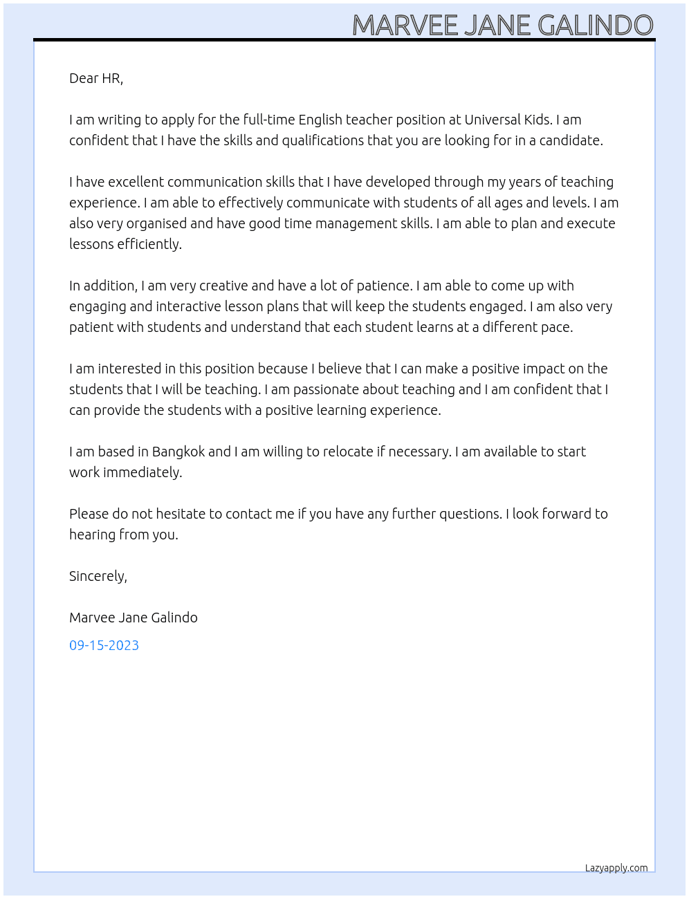 full-time English teacher At Universal Kids Cover Letter