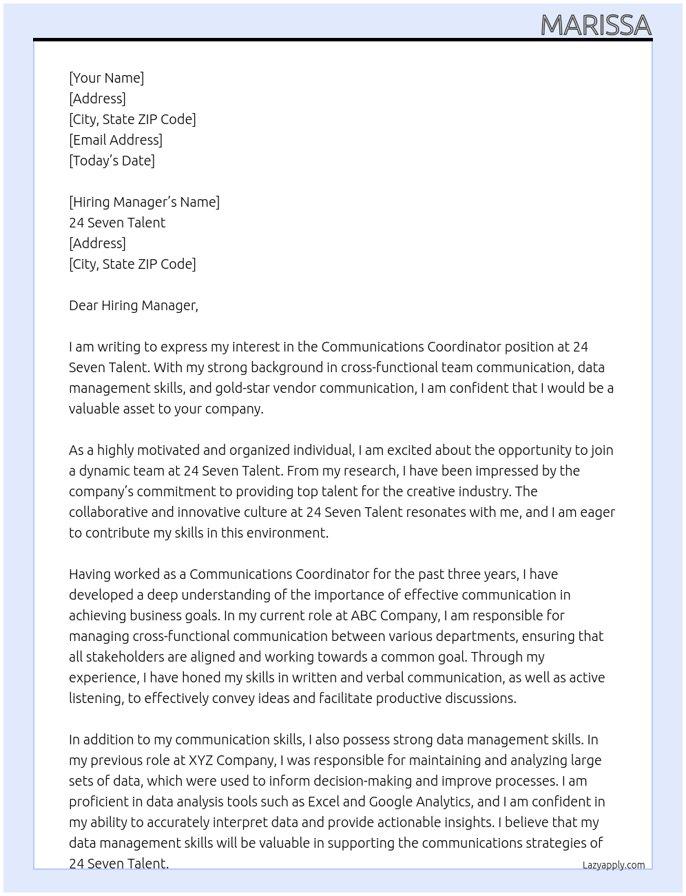 Communications Coordinator  At 24 Seven Talent Cover Letter