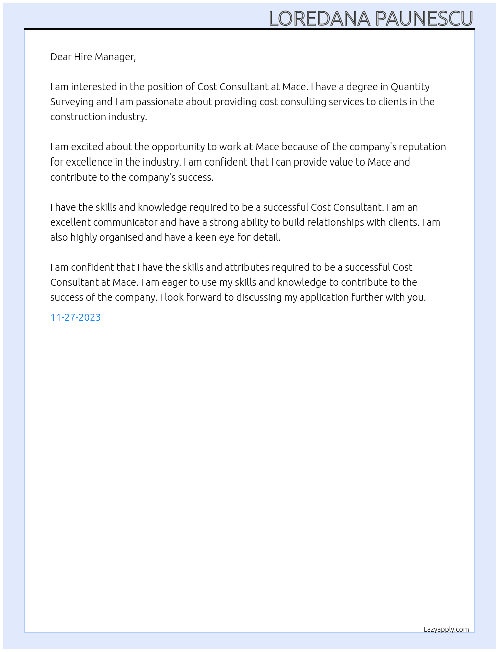 Cost Consultant  At Mace Cover Letter