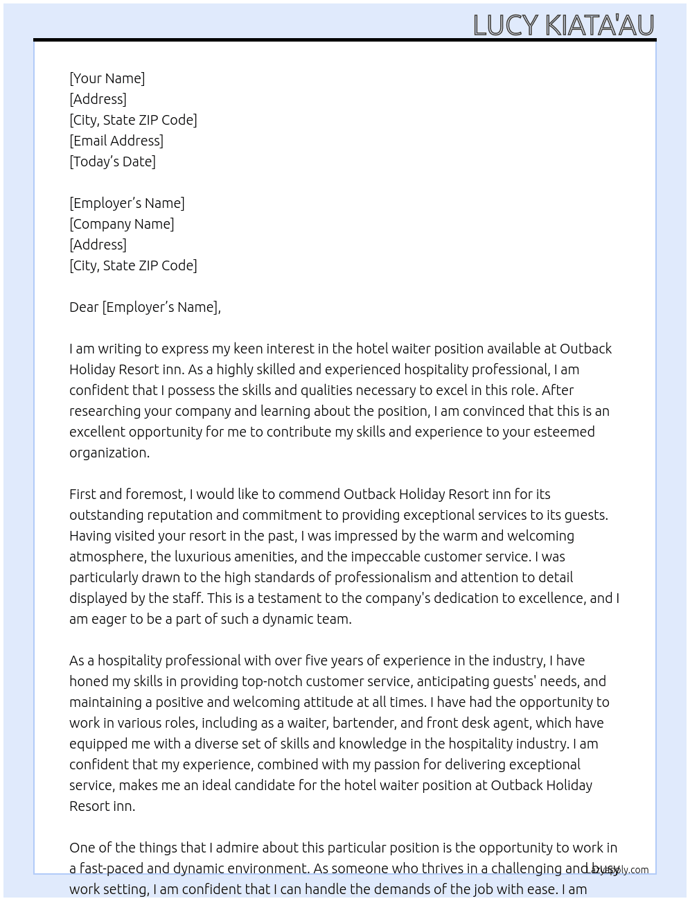hotel waiter At Outback Holiday Resort inn Cover Letter