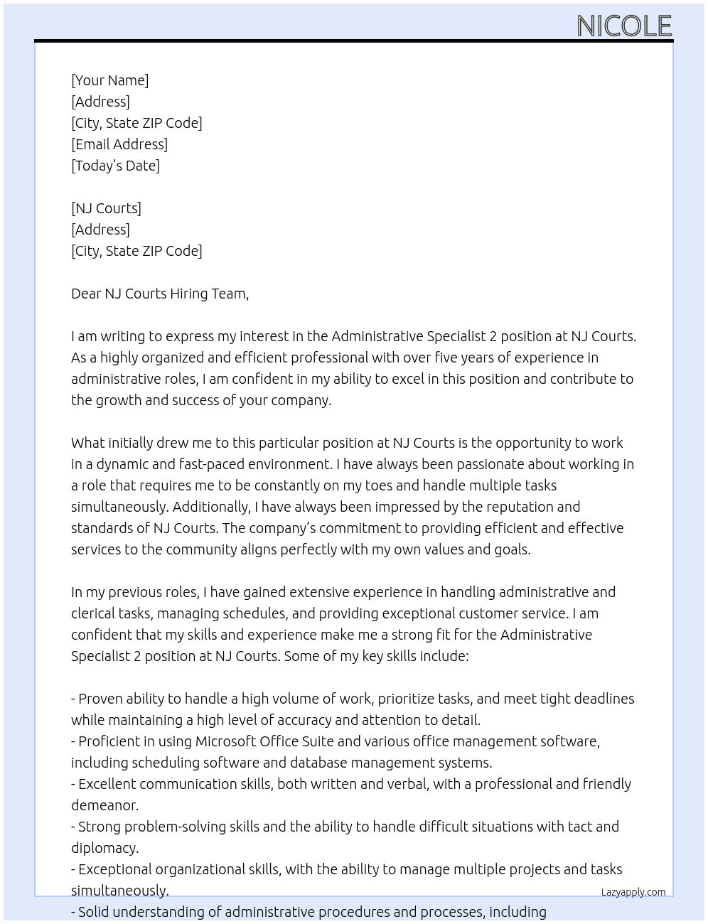 Administrative Specialist 2 At NJ Courts Cover Letter