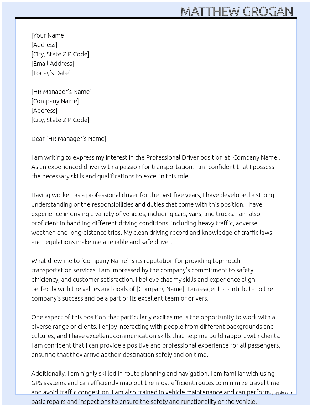 Professional Driver  At Any Cover Letter