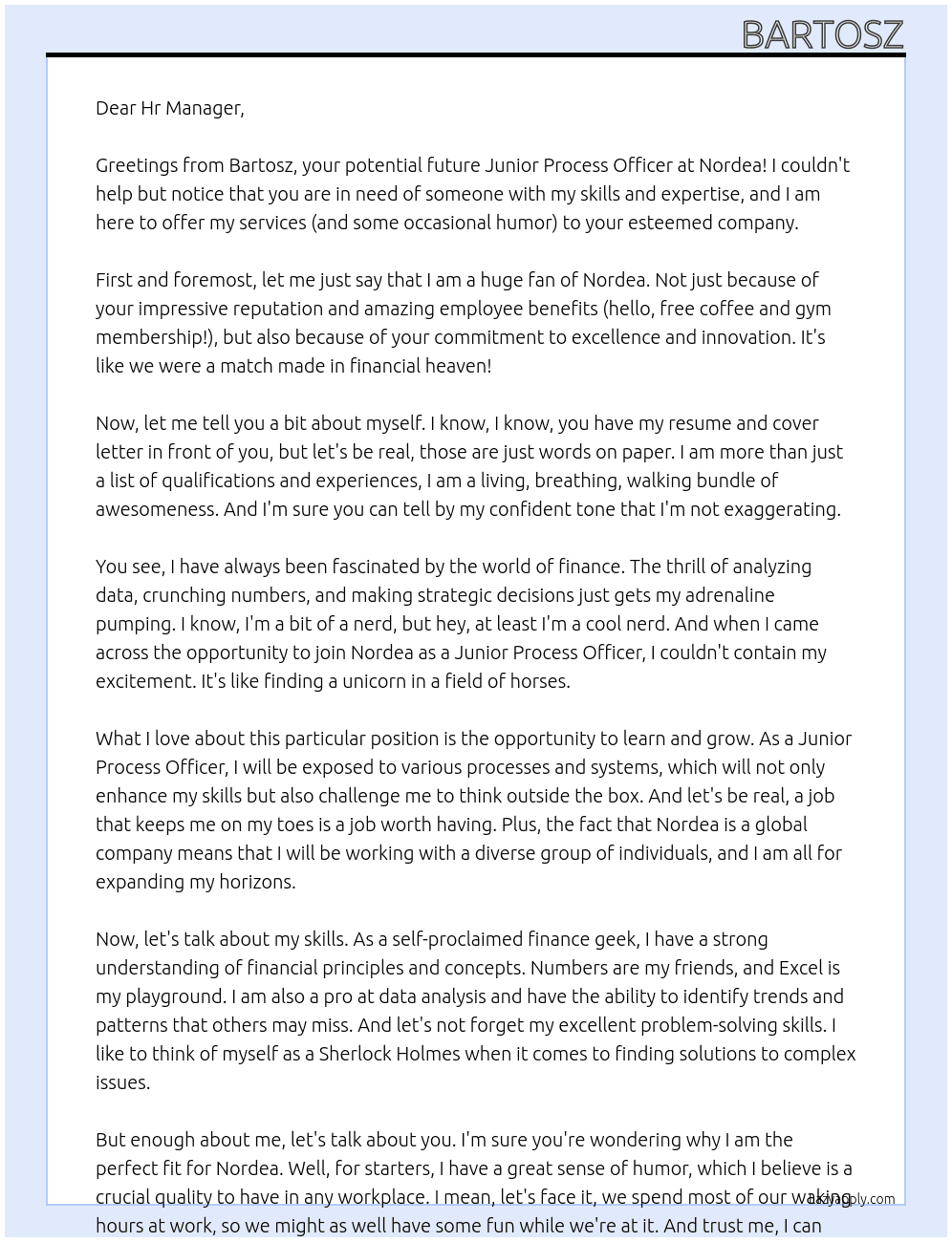 Junior Process Officer  At Nordea Cover Letter