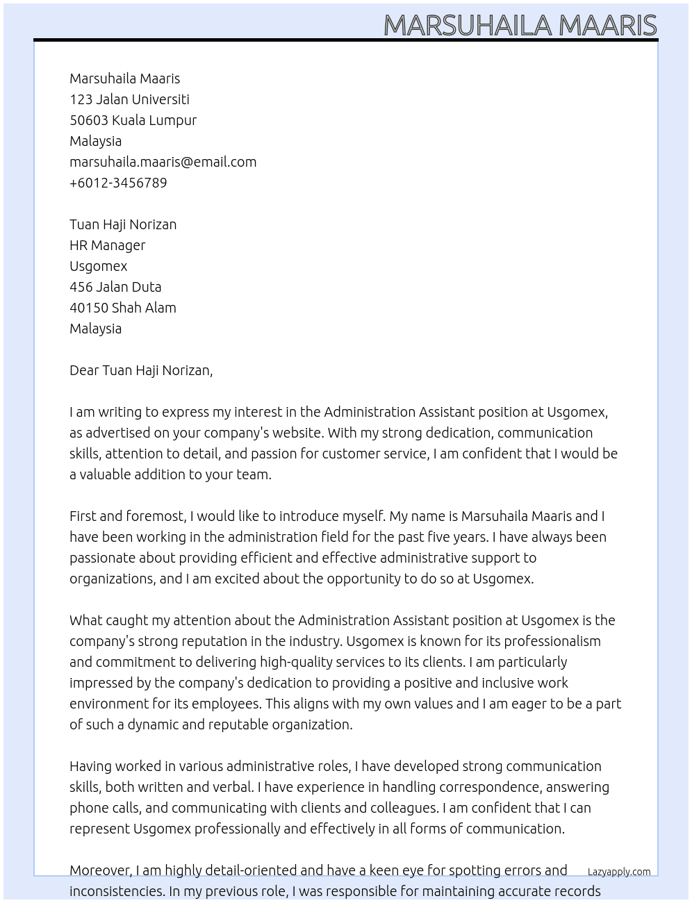 Administration Assistant At Usgomex Cover Letter