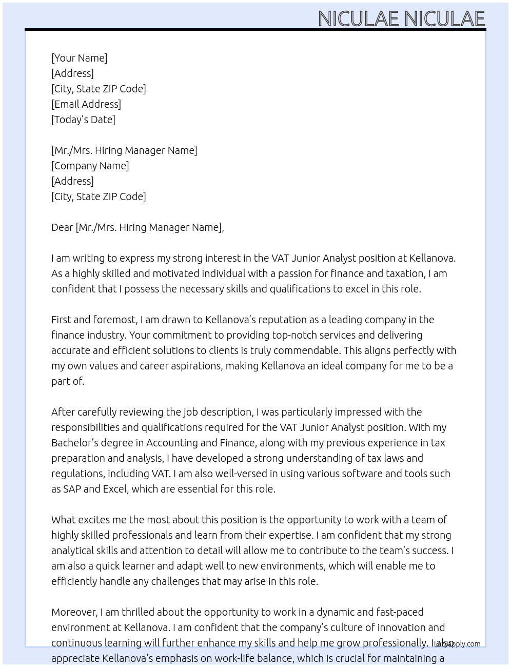 VAT Junior Analyst At Kellanova Cover Letter