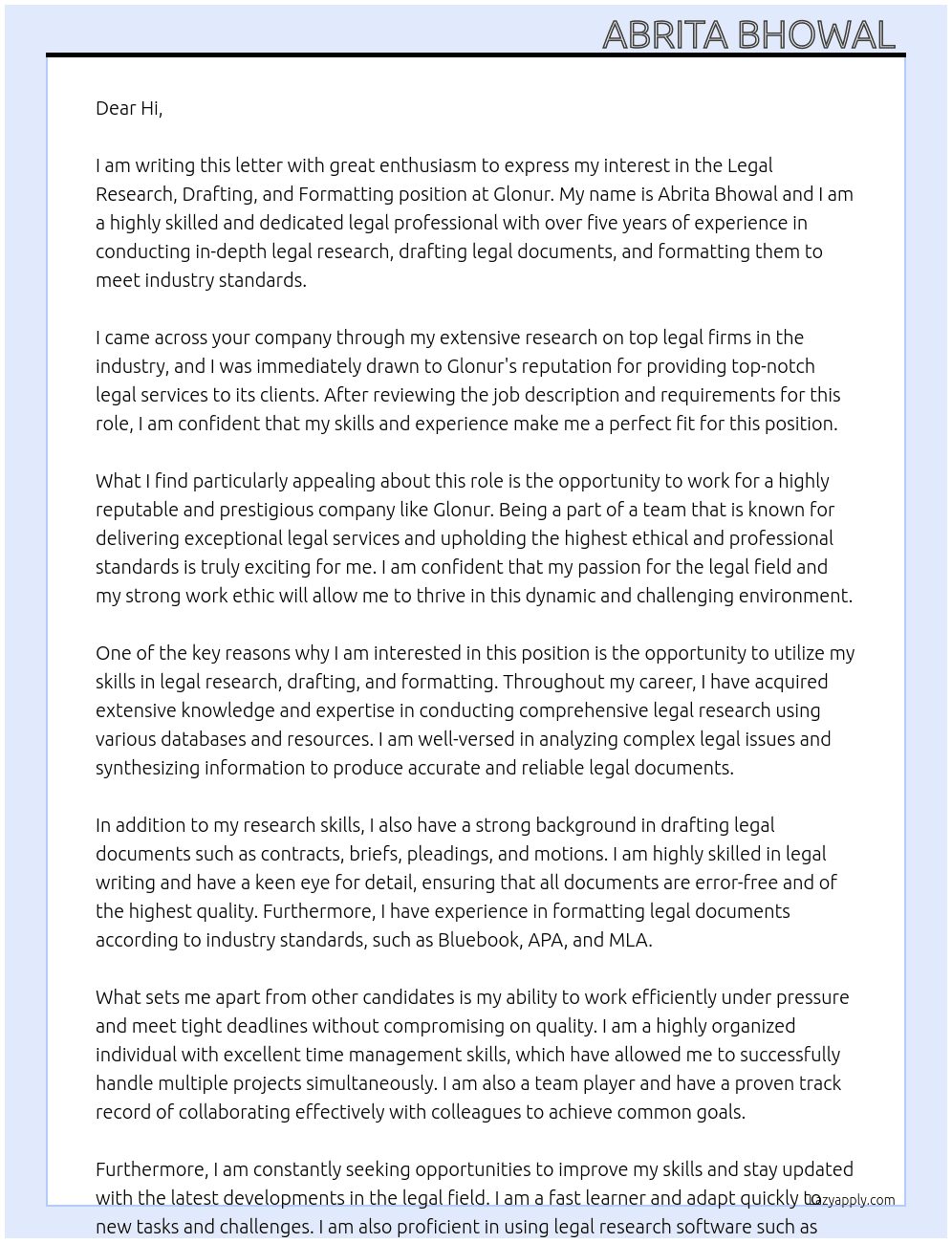 Legal research, drafting, formatting  At Glonur Cover Letter