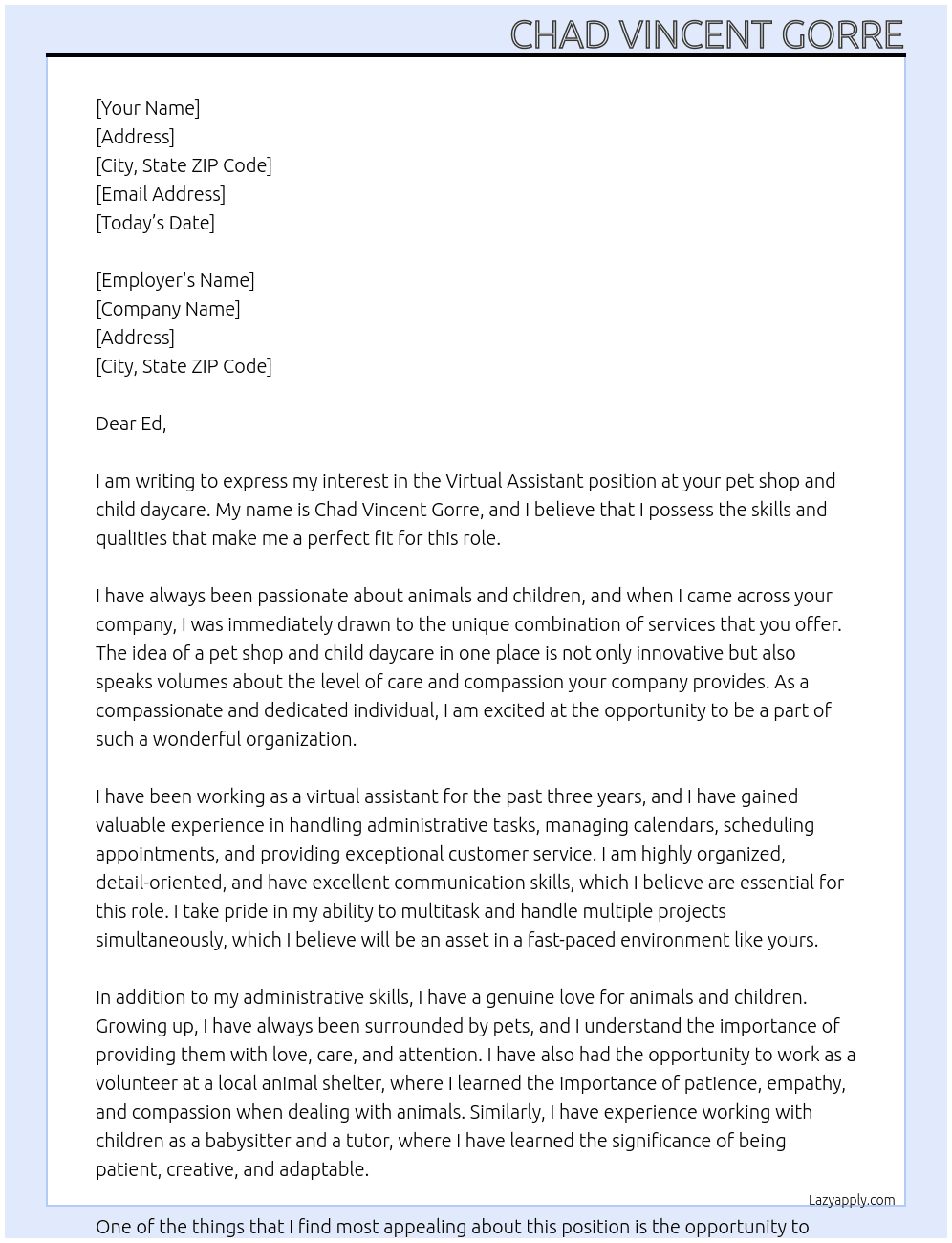 Virtual Assistant At pet shop and child daycare Cover Letter