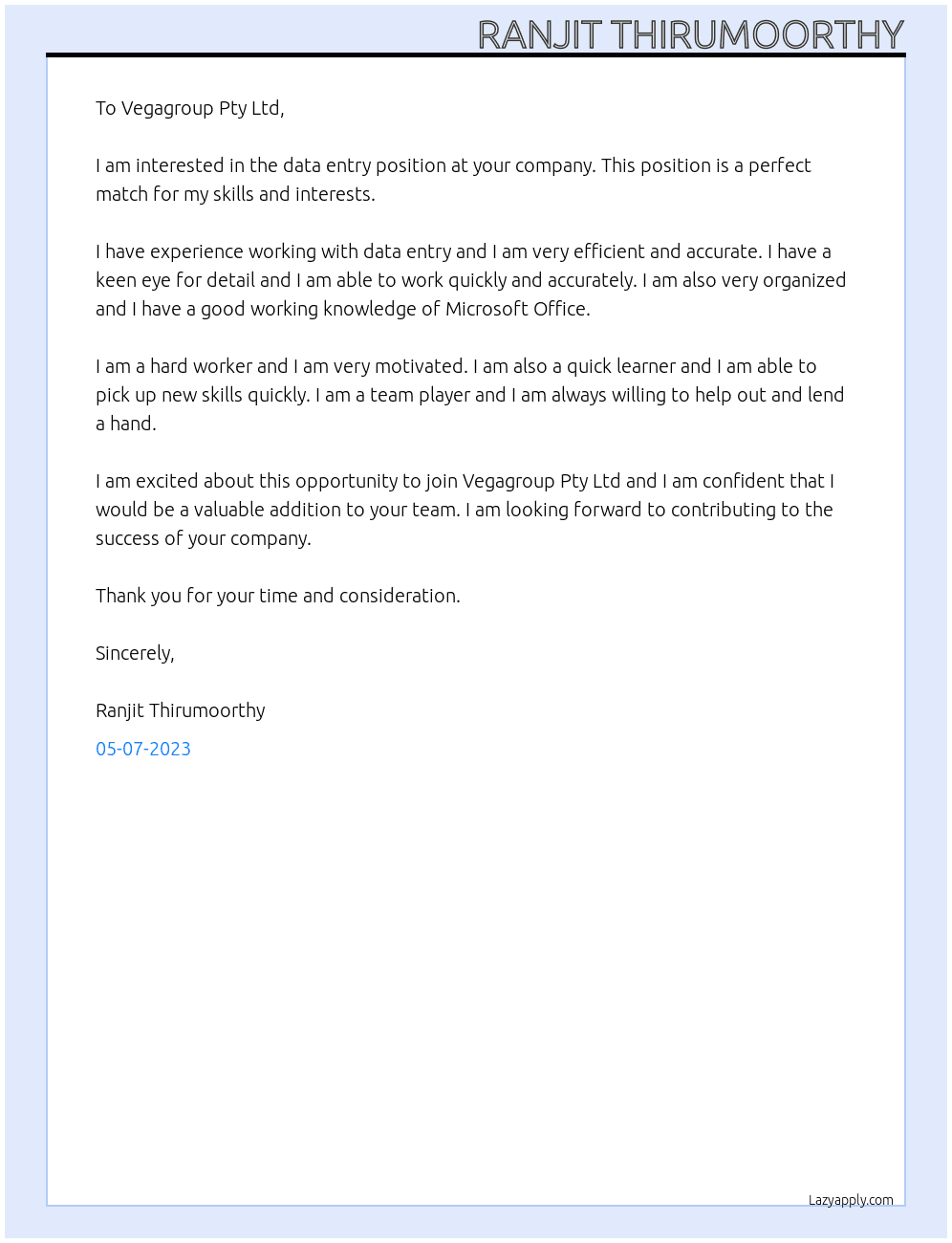 Data Entry  At Vegagroup Pty Ltd Cover Letter