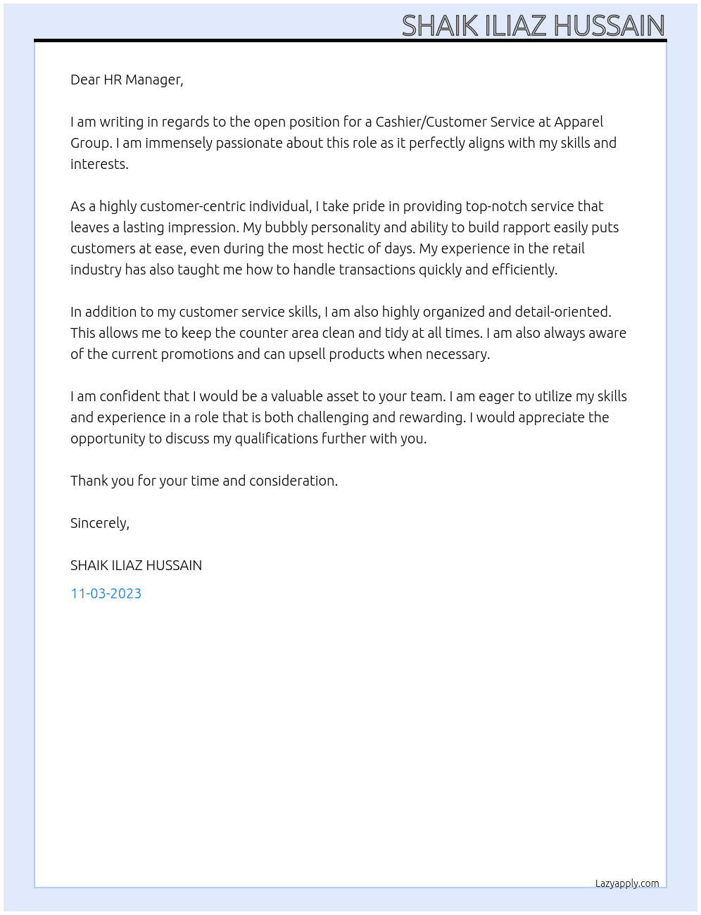 Cashier/Customer Service At  Apparel Group Cover Letter