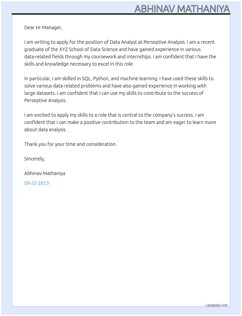 Data Analyst At Perseptive analysis  Cover Letter