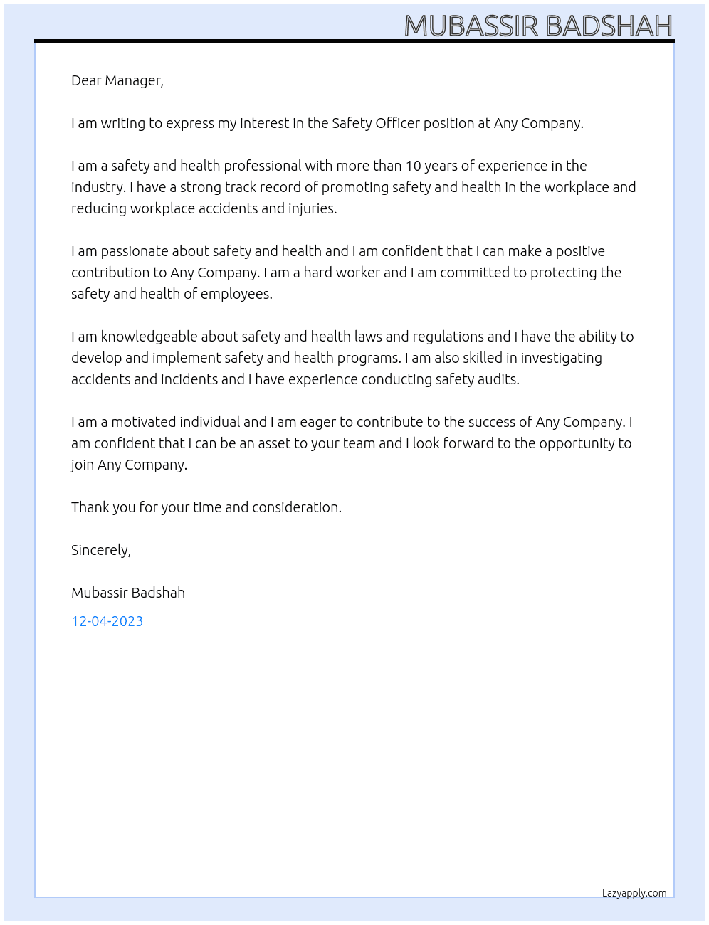 Safety officer At Any comapny Cover Letter