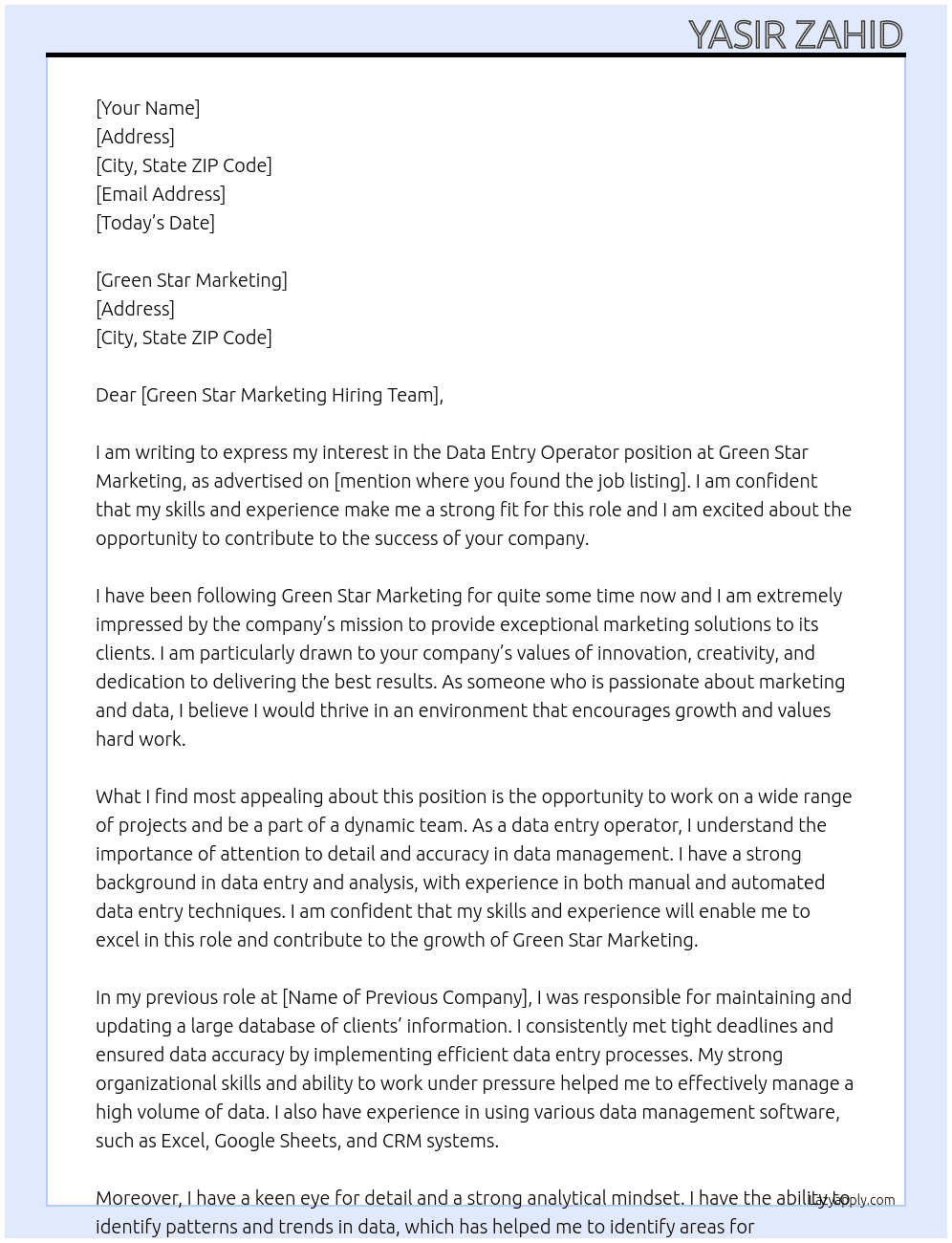 Data entry operator At green star  Cover Letter