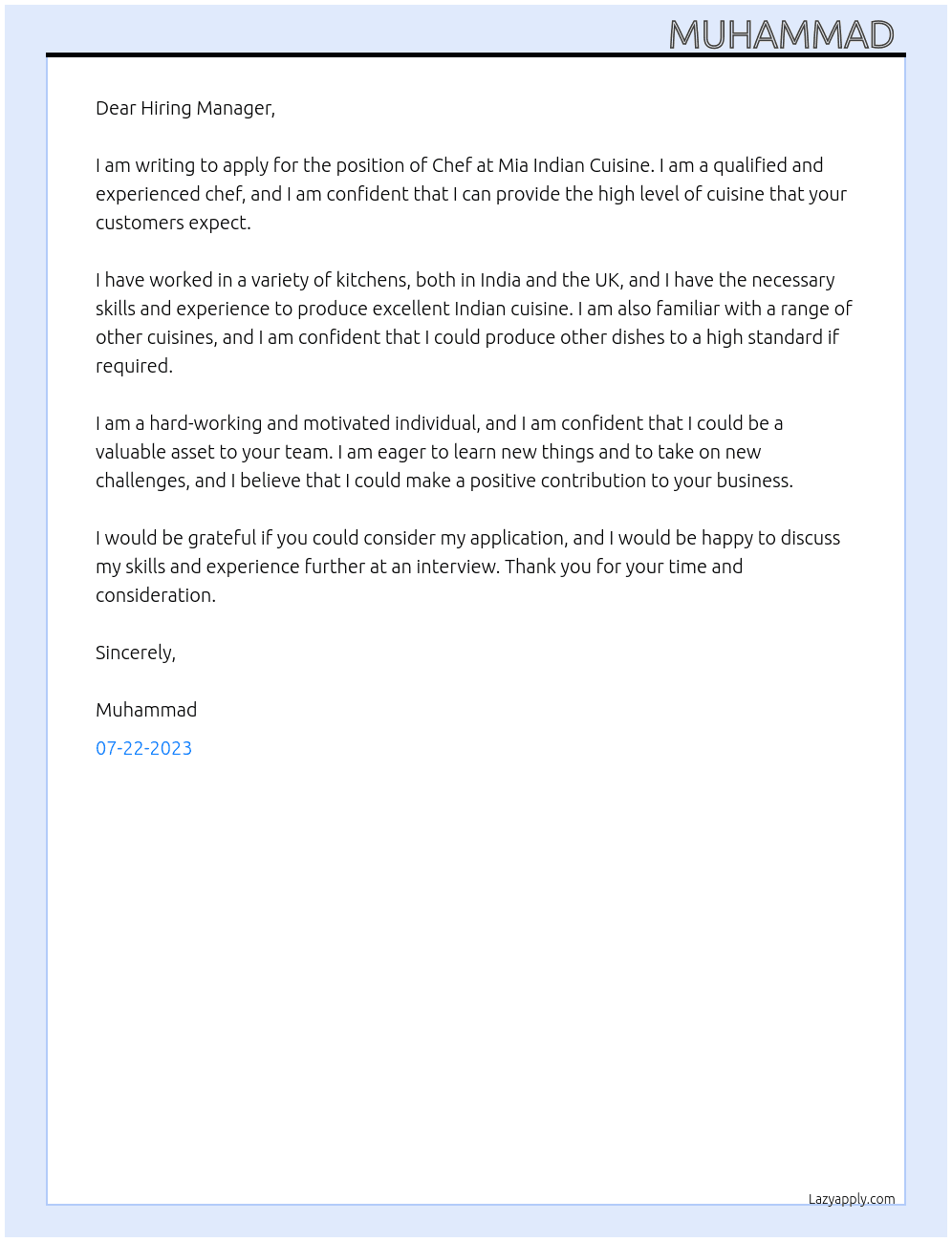 Chef At Mia Indian Cuisine  Cover Letter