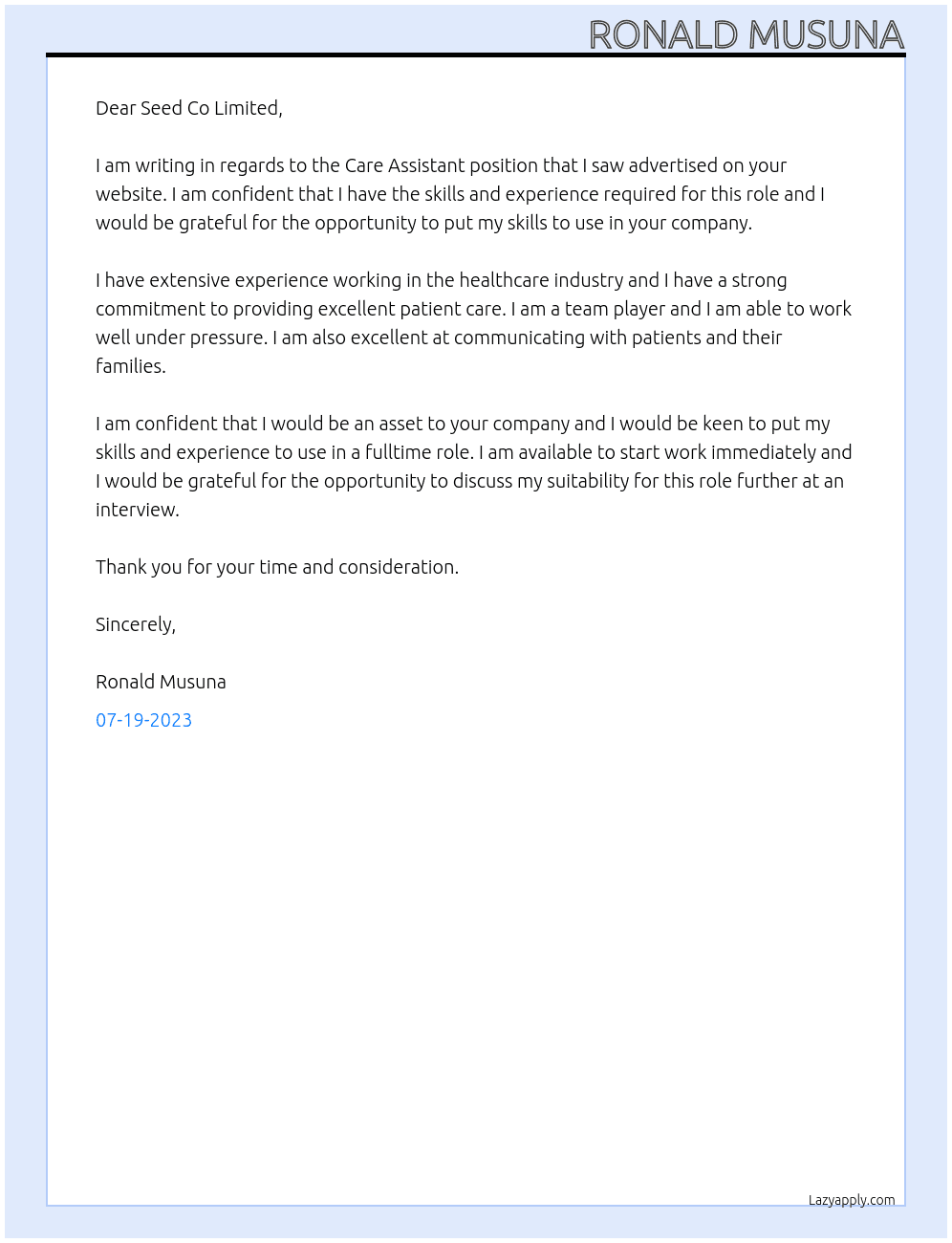 Care Assistant At Seed Co Limited Cover Letter