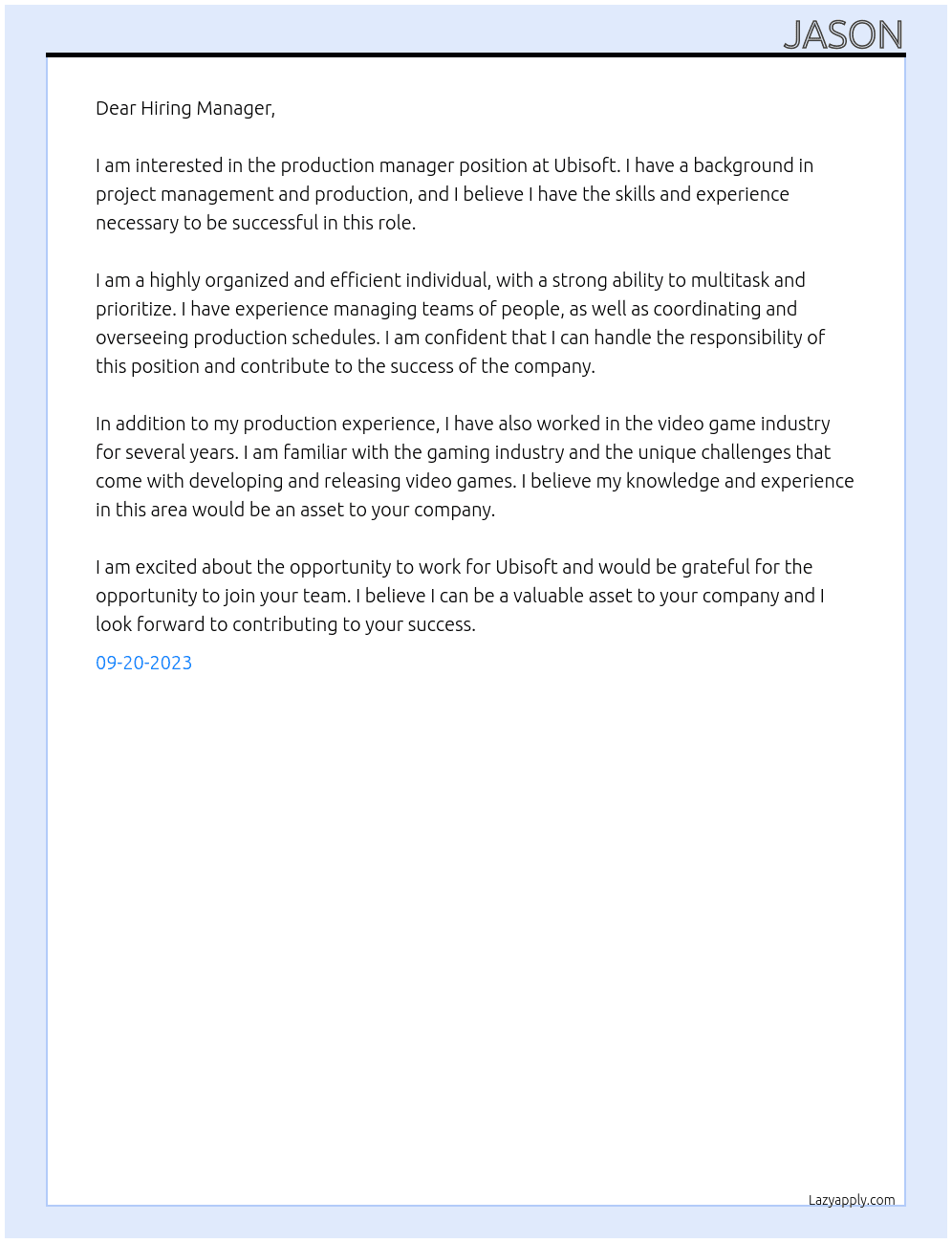 production maneger At ubisoft Cover Letter