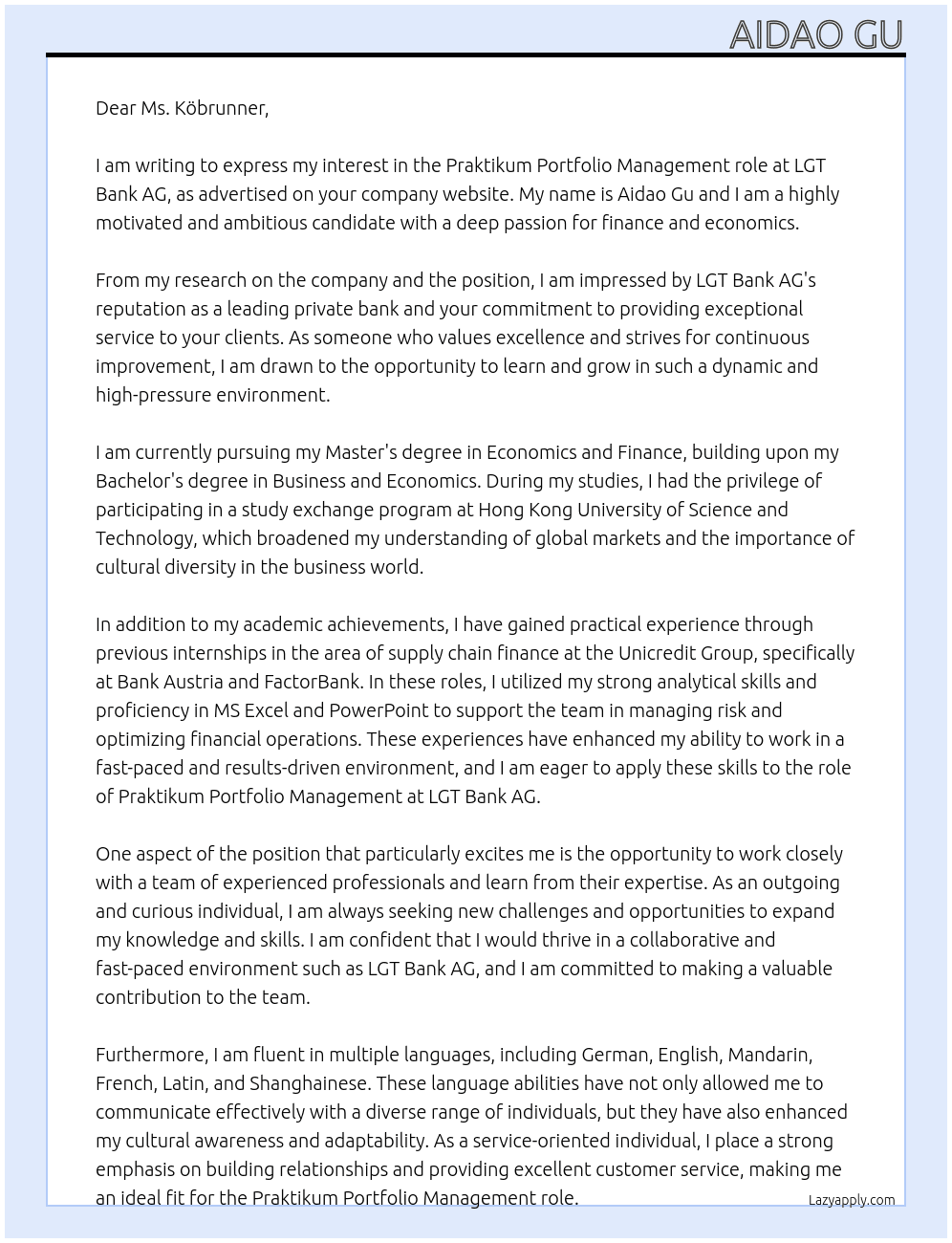 Praktikum Portfolio Management At LGT Bank AG Cover Letter