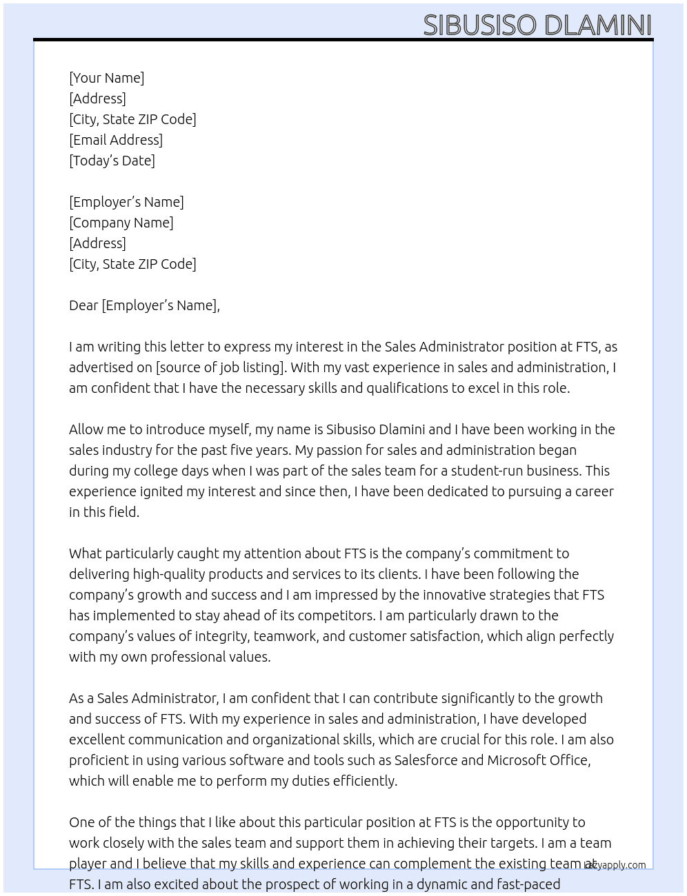 SALES ADMINISTATRO  At FTS Cover Letter