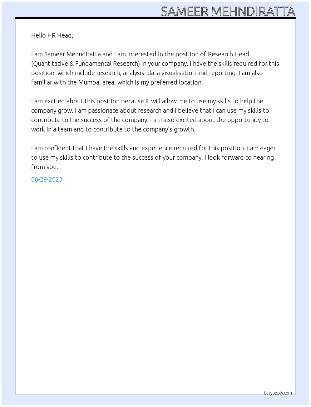Research Head ( Quantitative & Fundamental Research) At Right-Tic Cover Letter