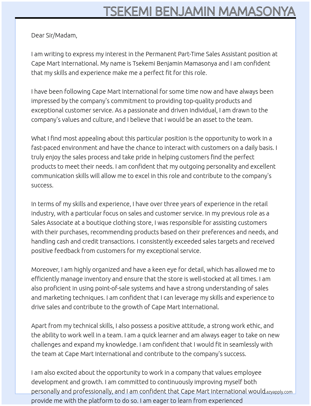 Permanent Part - Time Sales Assistant At cape mart international Cover Letter
