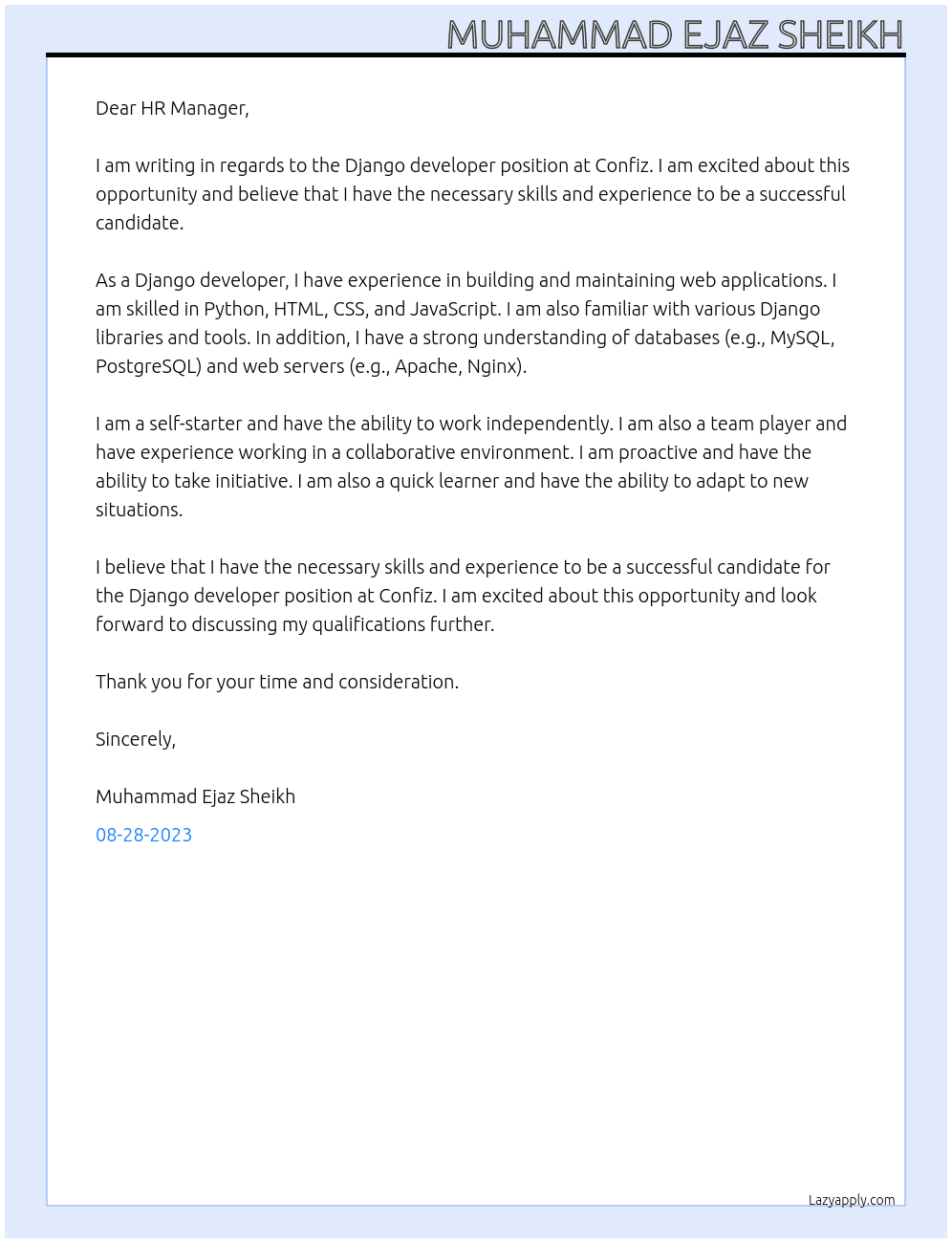 Django developer At Confiz Cover Letter
