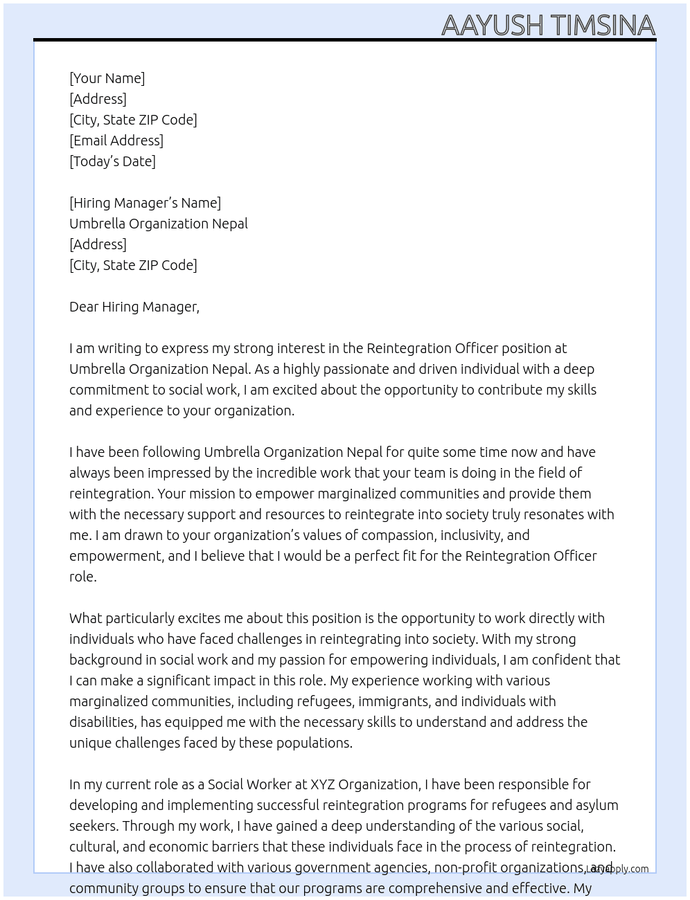 Reintegration Officer At Umbrella Organization Nepal Cover Letter