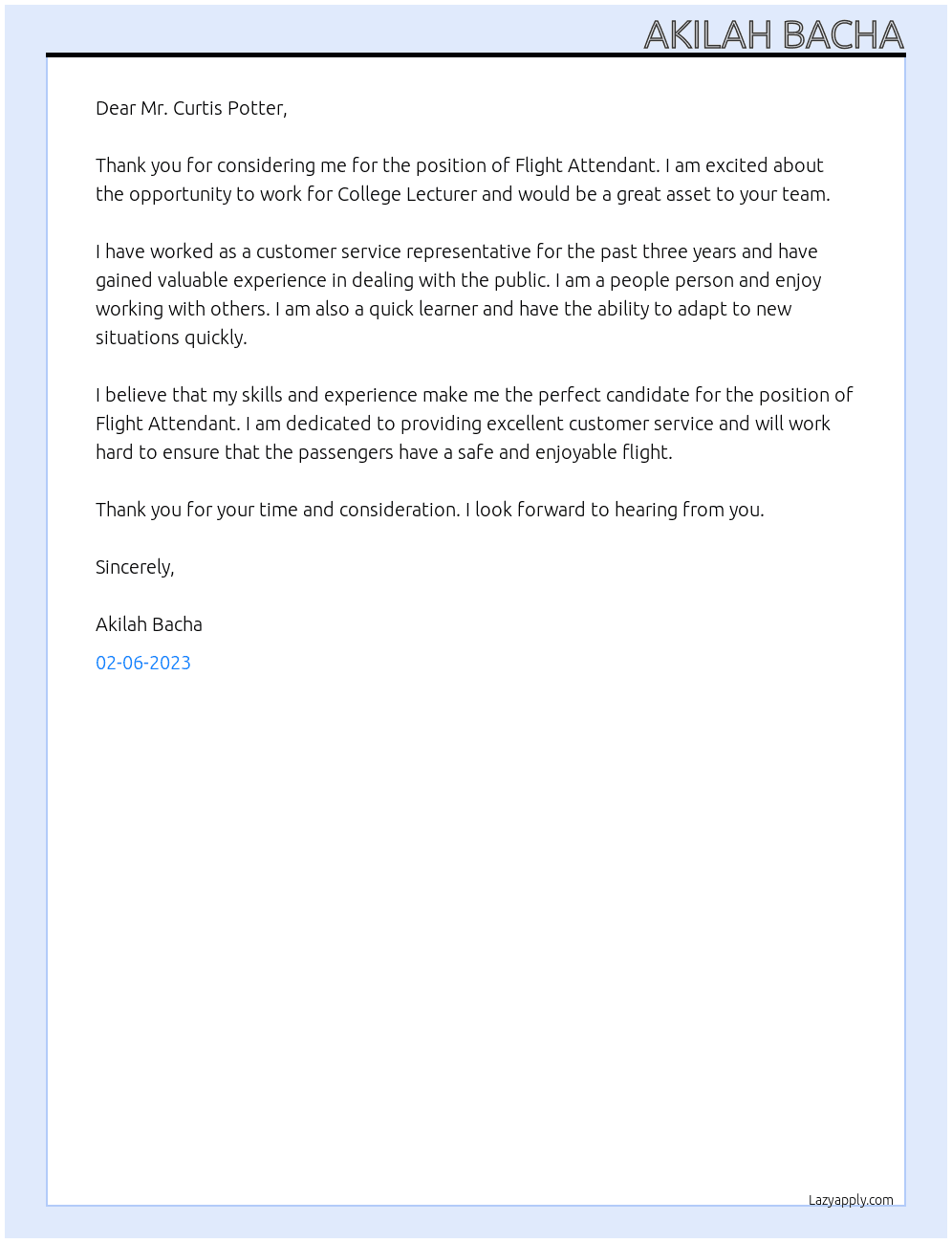 Flight Attendant At College Lecturer Cover Letter