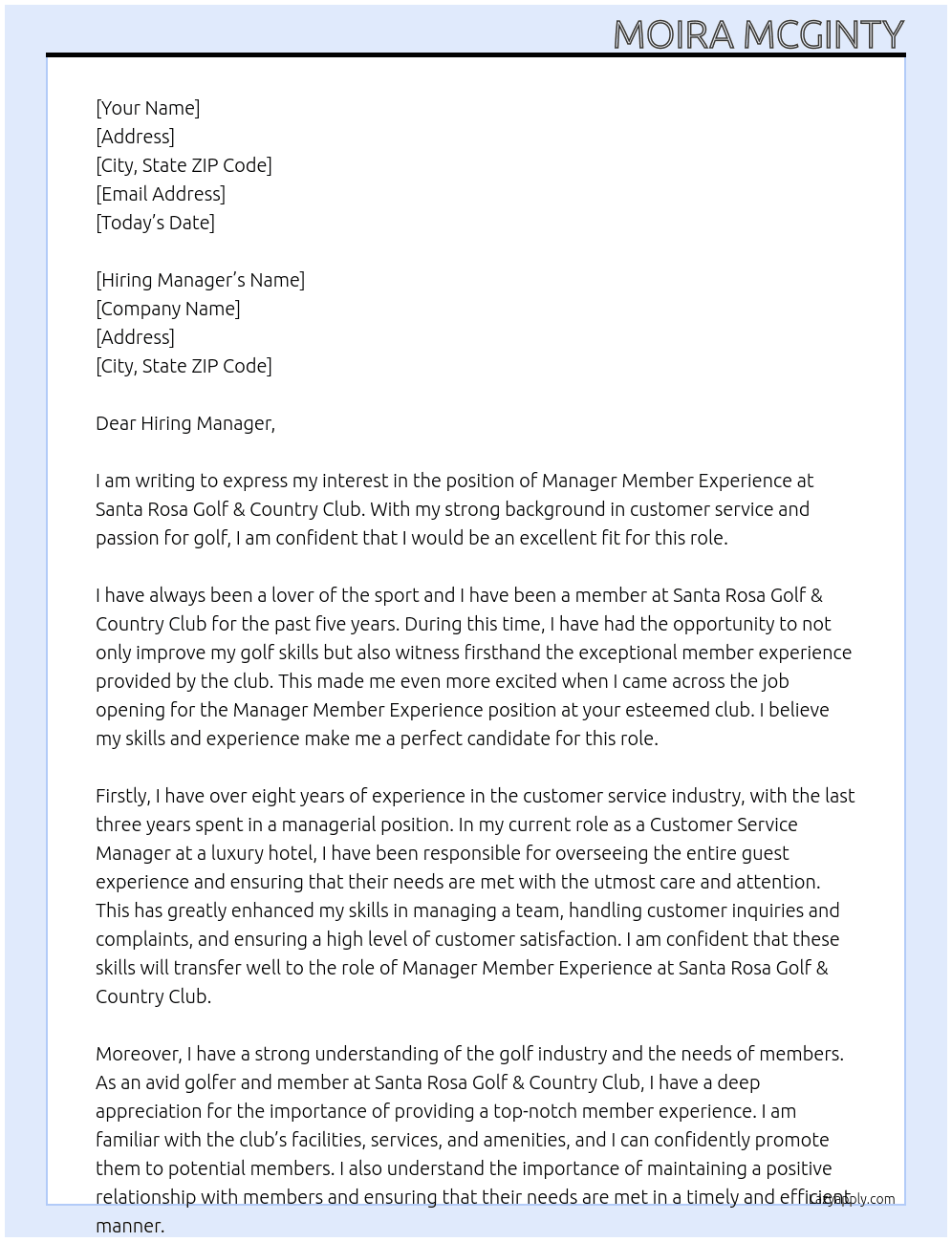 Cover letter for manager member experience - LazyApply