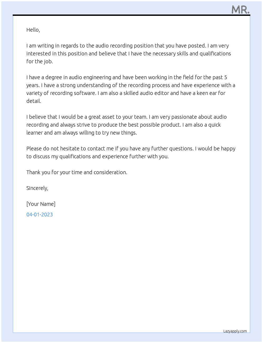 audio recording At voice talent Cover Letter