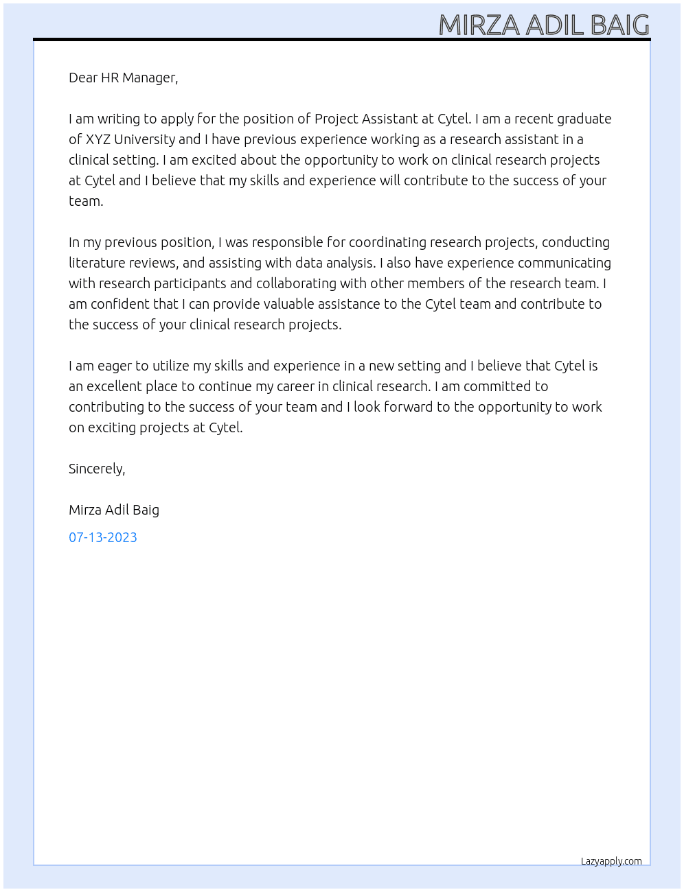 Project Assistant  At Cytel Cover Letter