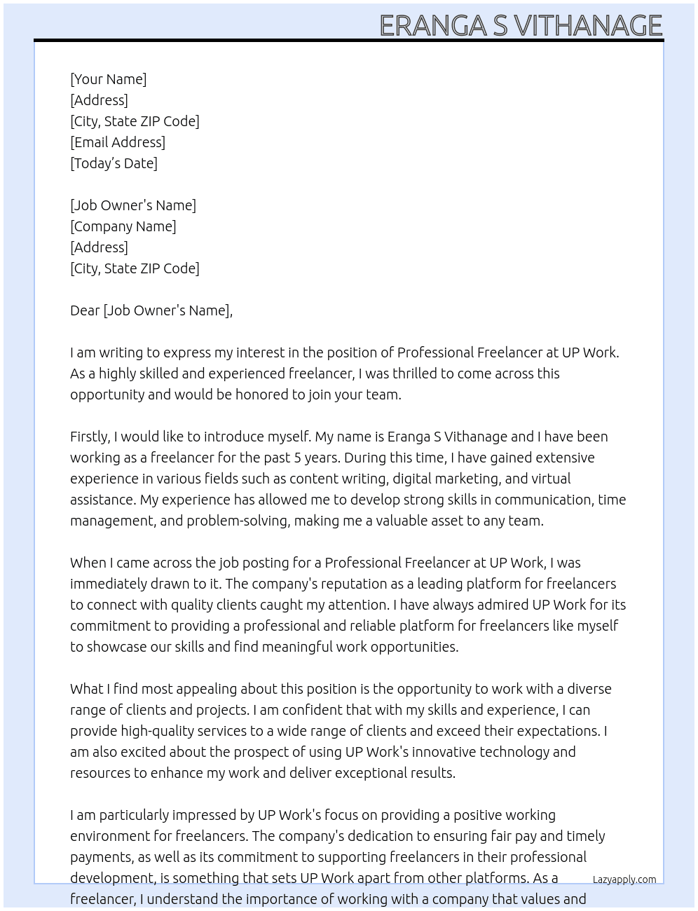 Professional Freelancer  At UP Work Cover Letter