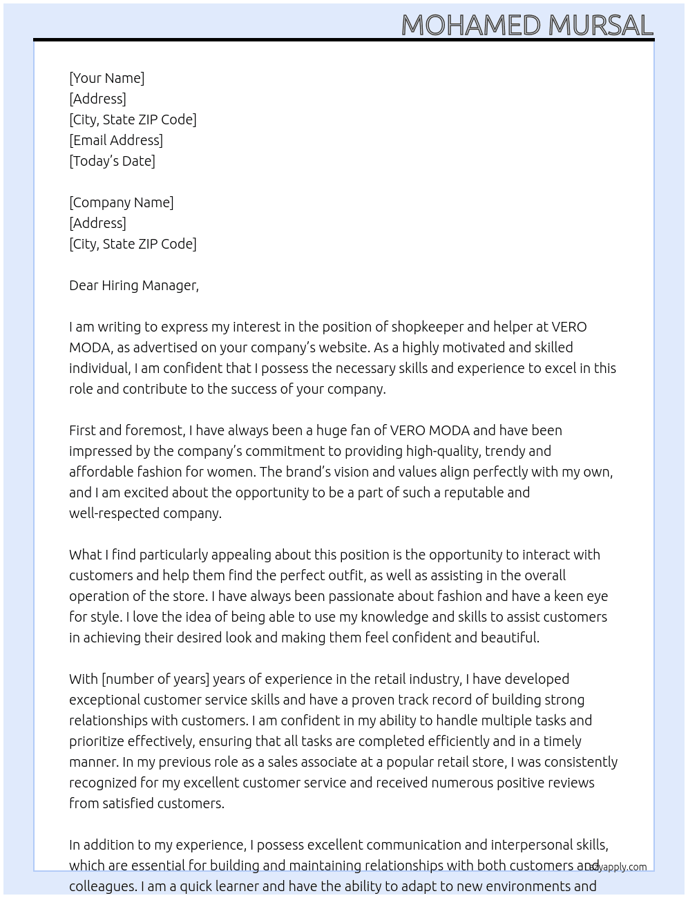 shopkeepers and helper At VERO MODA Cover Letter