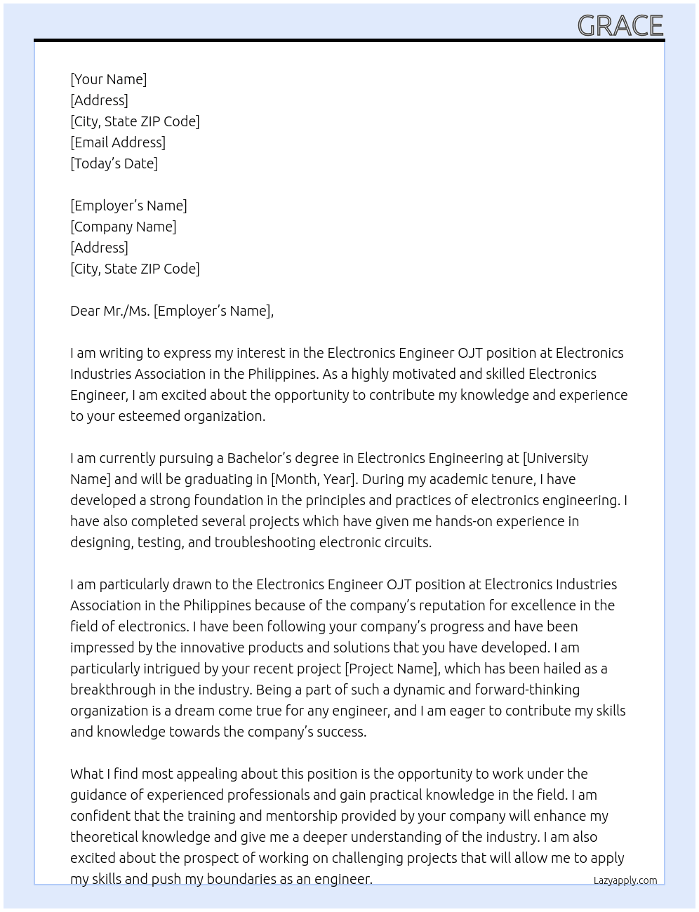 Electronics engineer ojt At Electronics industries association in the philippines Cover Letter