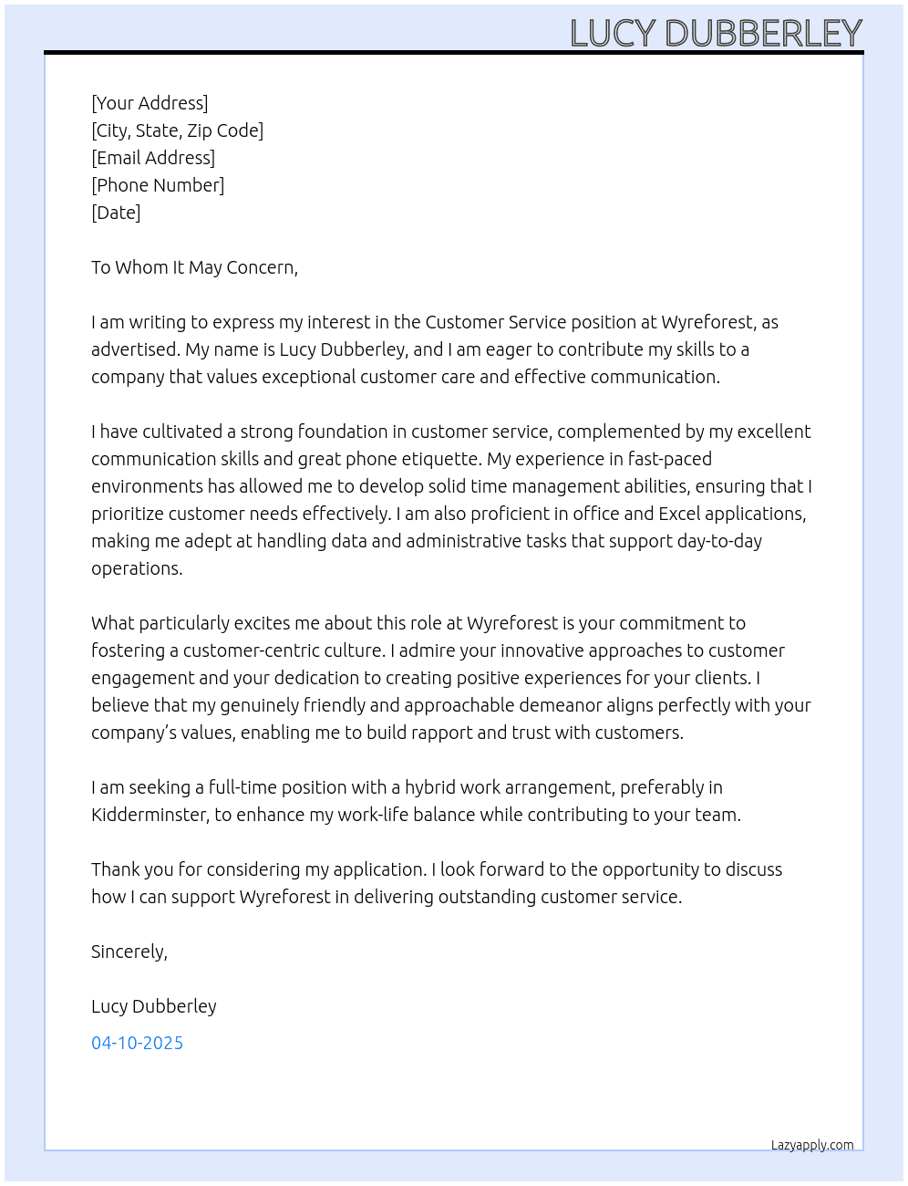 Customer service  At Wyreforest  Cover Letter