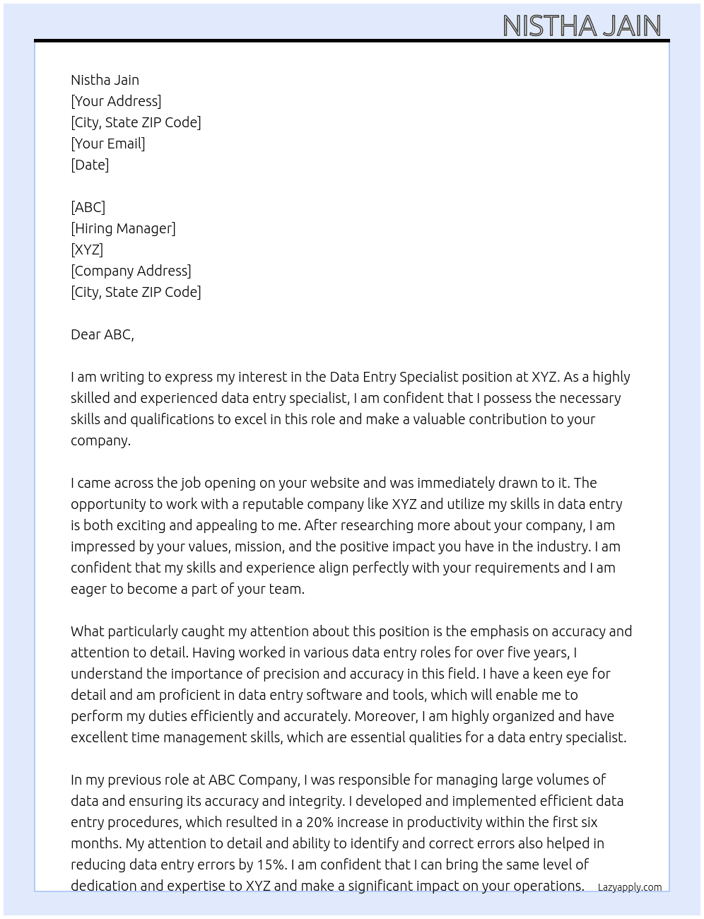Data entry specialist At xyz Cover Letter