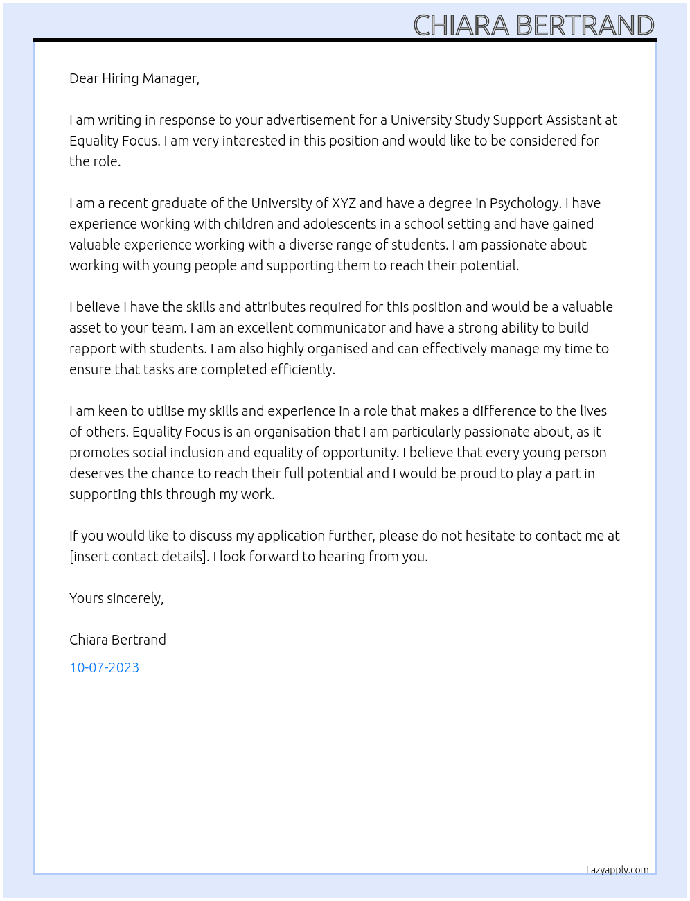 University Study Support Assistant At Equality Focus Cover Letter