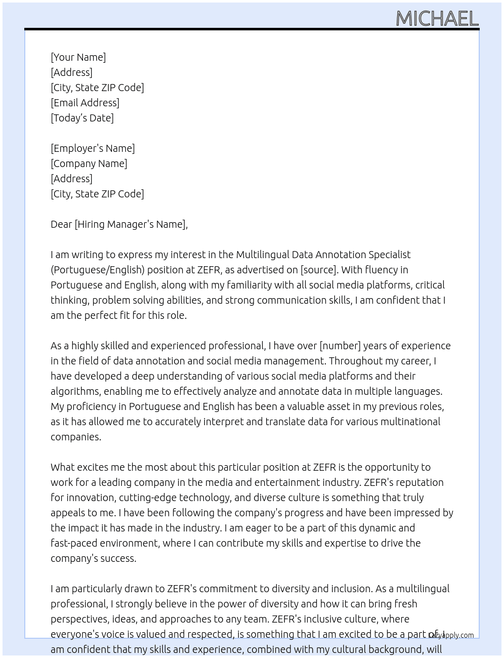 Multilingual Data Annotation Specialist (Portuguese/English) At ZEFR Cover Letter
