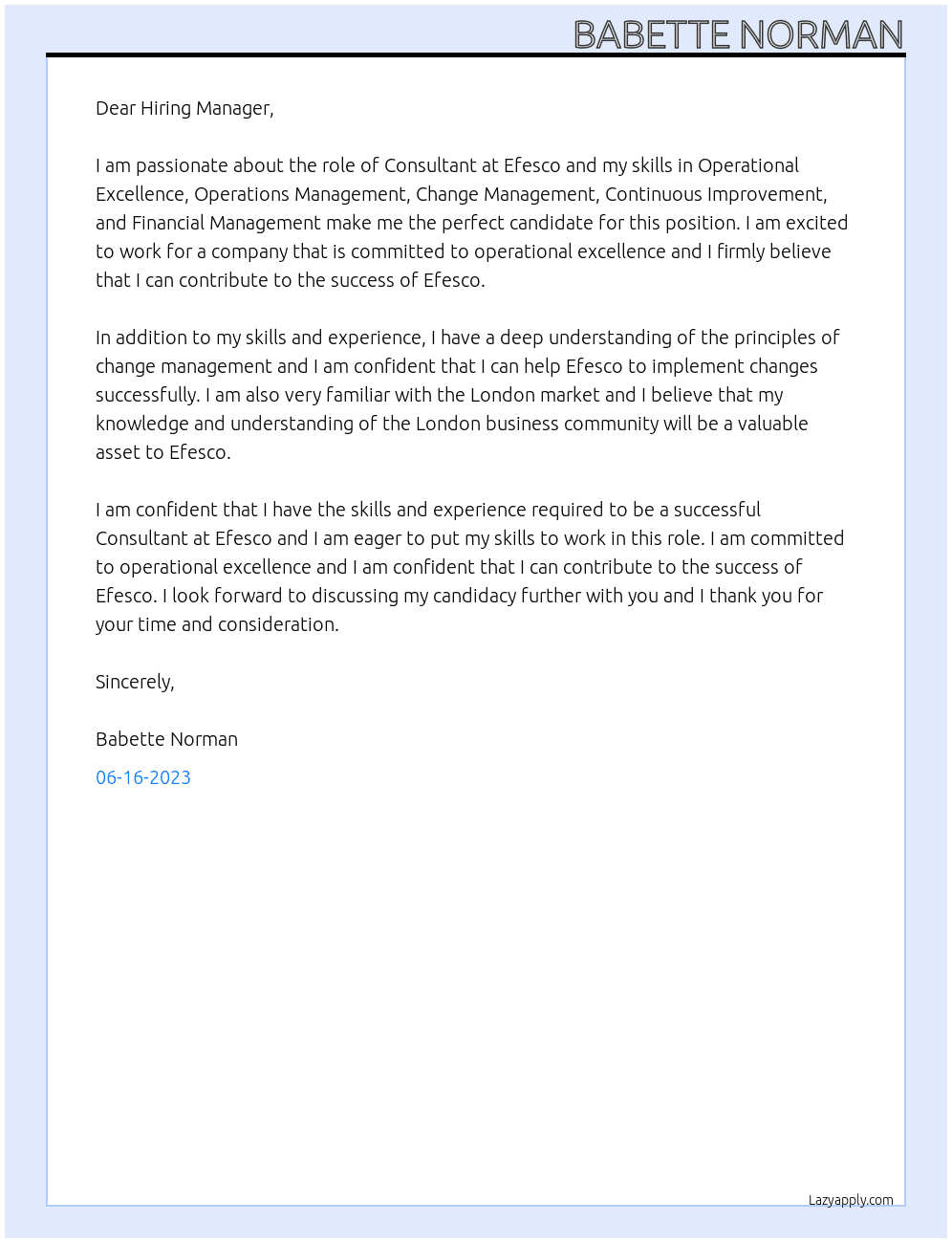 Consultant At Efesco Cover Letter