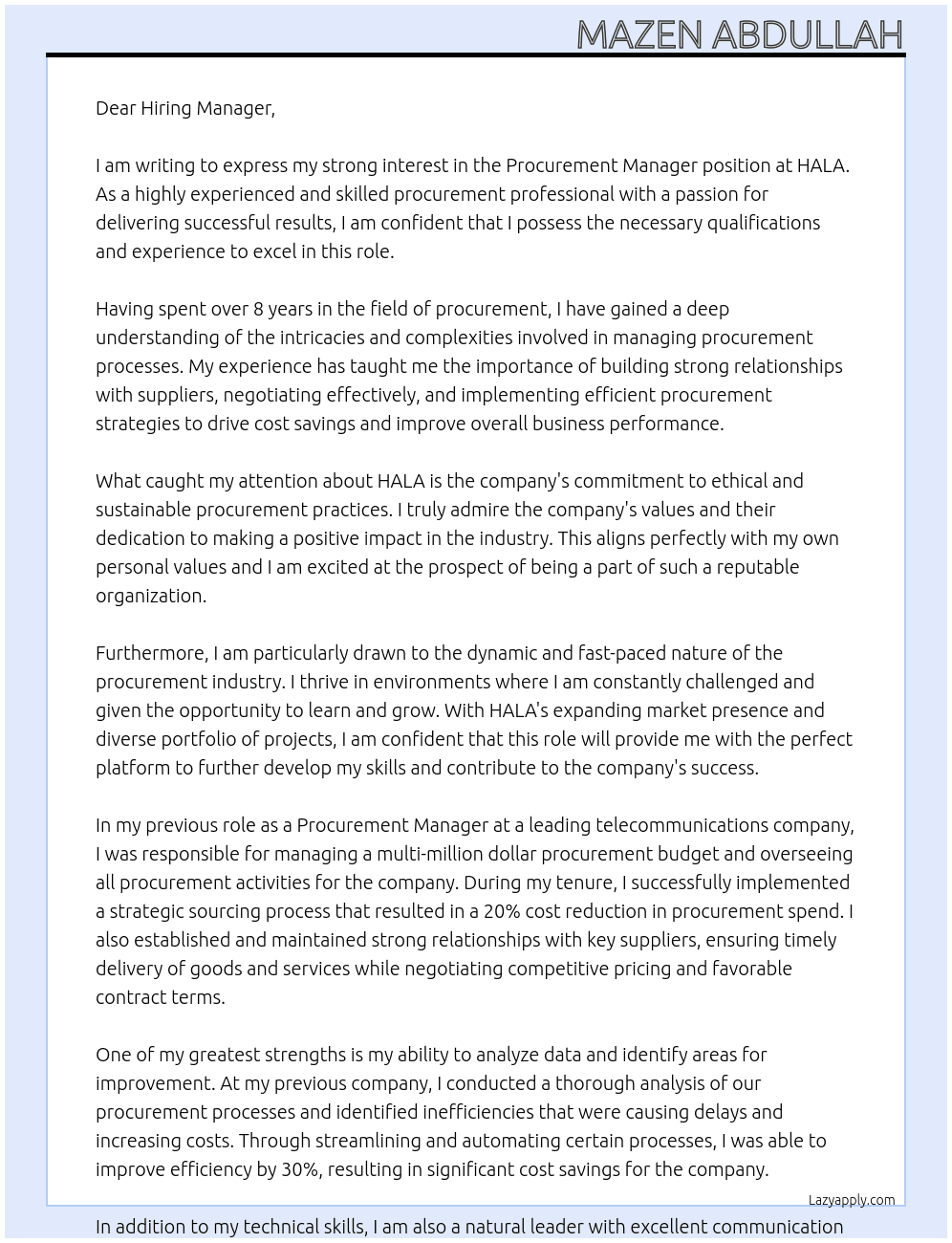 Procurement Manager  At HALA  Cover Letter