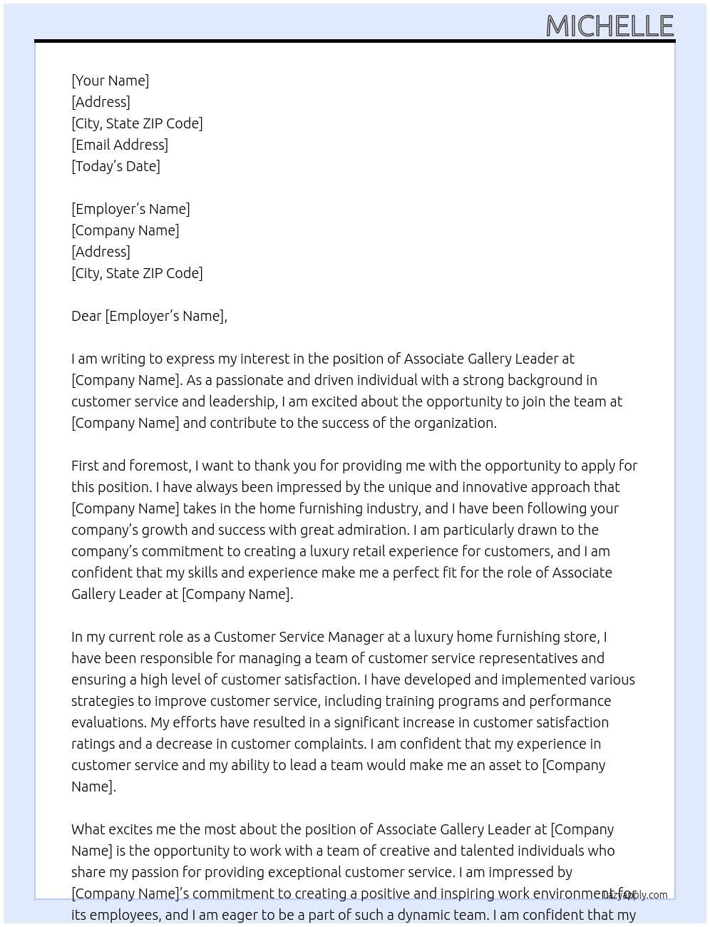 Associate Gallery Leader  At RH Cover Letter