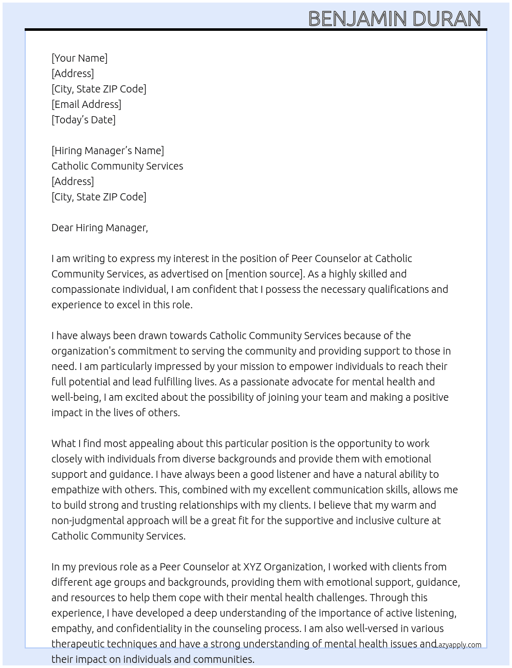 Peer counselor  At Catholic community services  Cover Letter