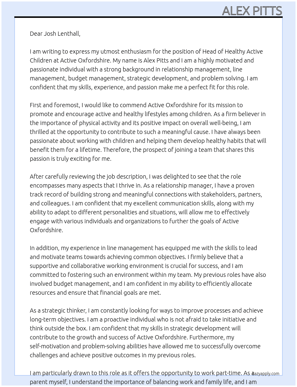 Head of Healthy Active Children At Active Oxfordshire Cover Letter