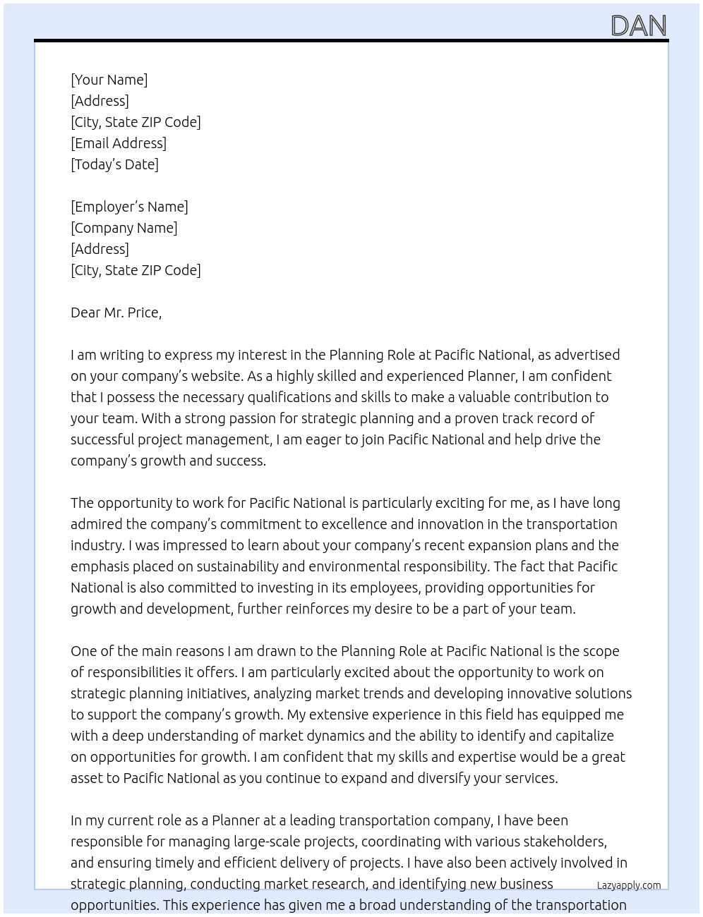 Planning Role At Pacific National Cover Letter