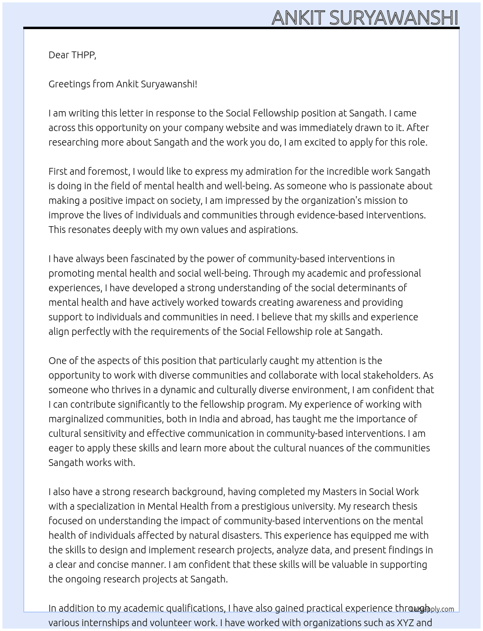 Social Fellowship At sangath Cover Letter