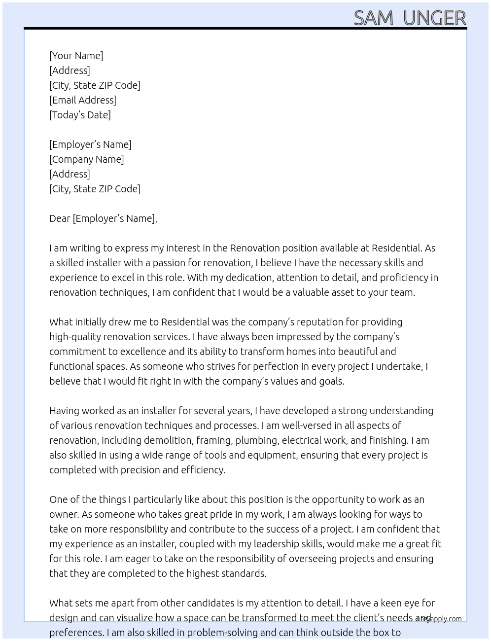 renovetion  At residential  Cover Letter