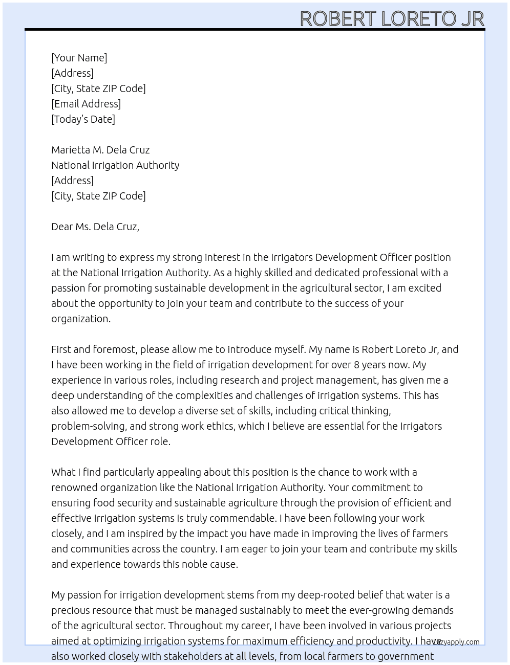 IRRIGATORS DEVELOPMENT OFFICER At National Irrigation Authority Cover Letter