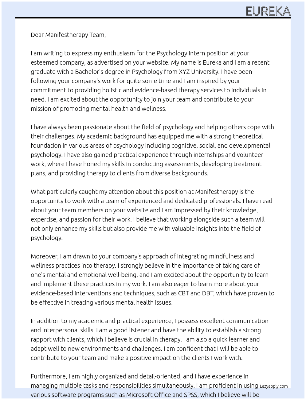 Psychology Intern At Manifestherapy  Cover Letter