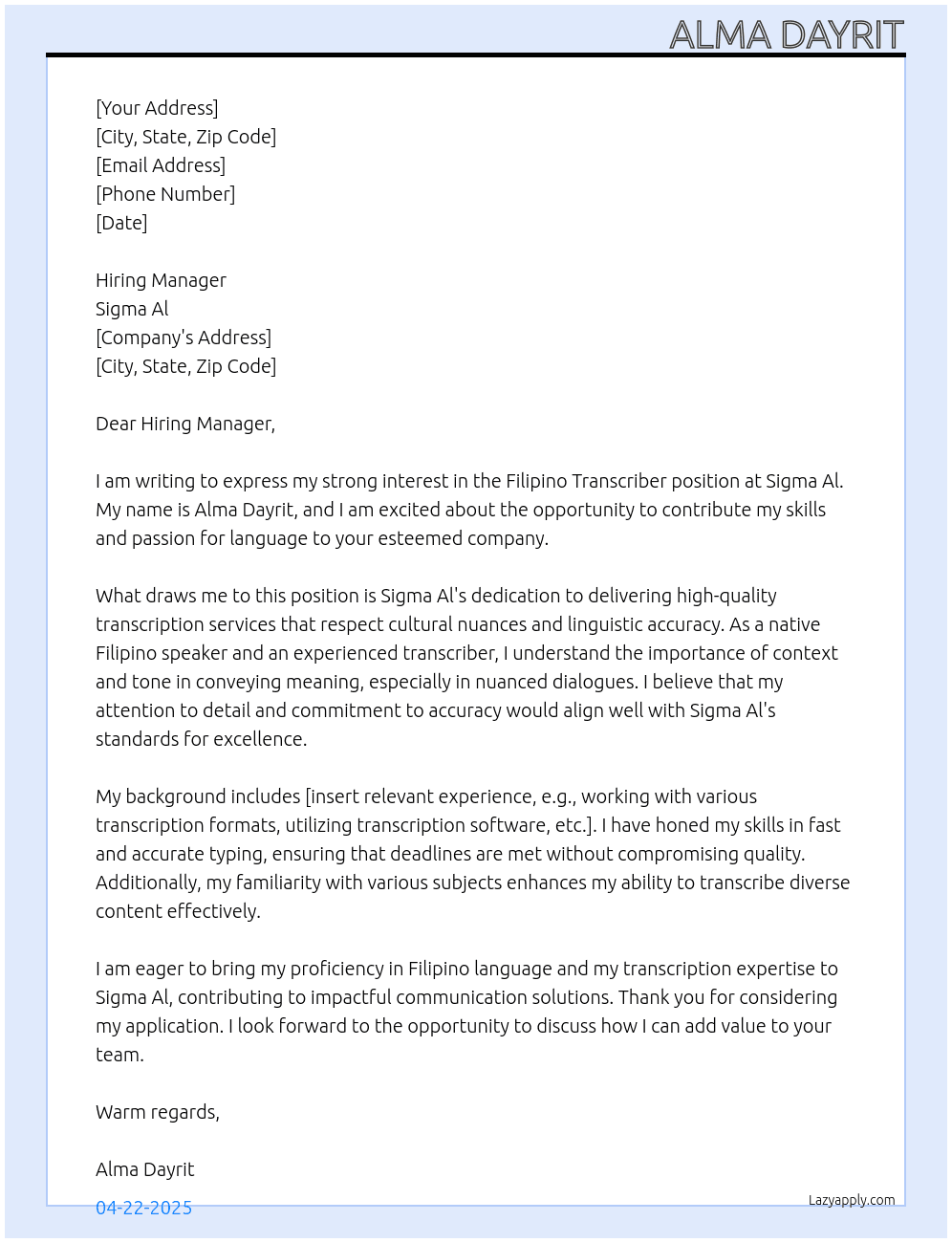 Filipino Transcriber At Sigma Al Cover Letter
