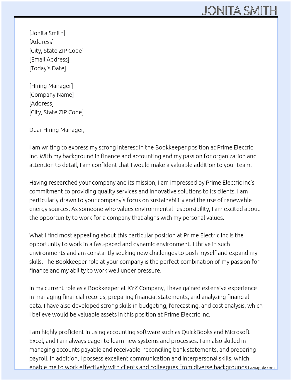 Bookkeeper At Prime Electric Inc Cover Letter